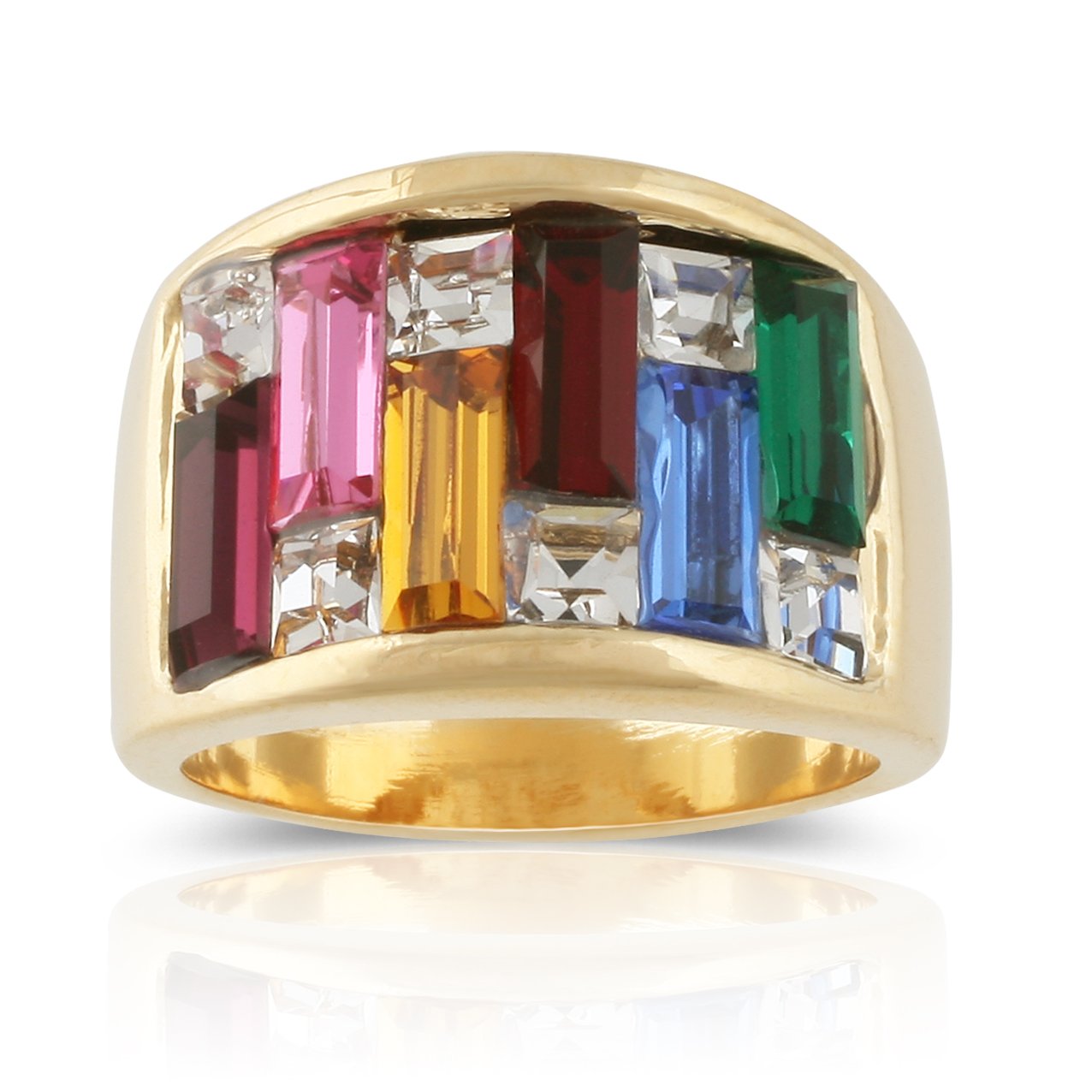 JanKuo 14K Gold Plated Multicolor Baguette Crystal Cocktail Ring - Elegant Party Jewelry for Women, Perfect for Evening Events, Weddings & Special Occasions