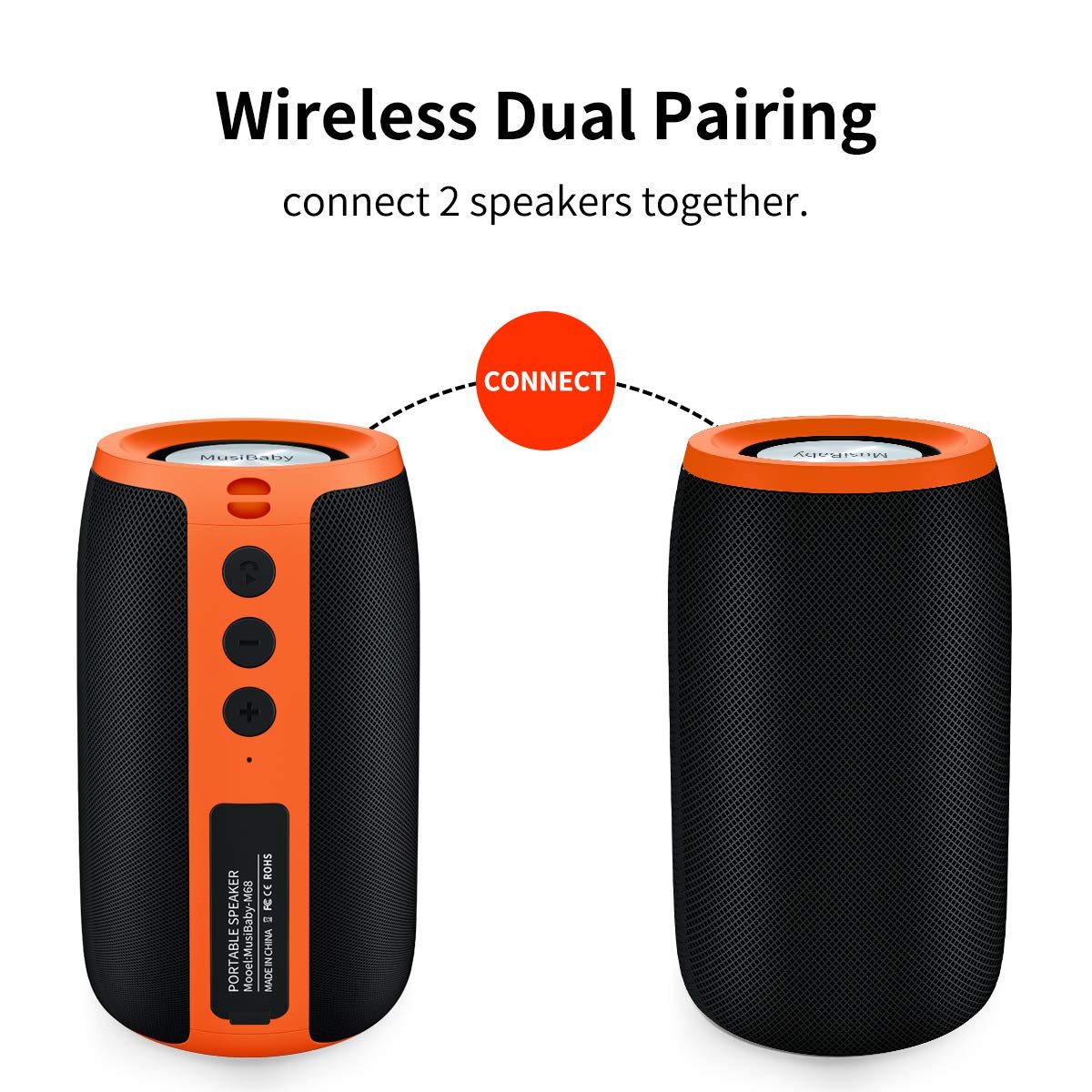 MusiBaby Bluetooth Speaker - Wireless, Waterproof, Portable with Stereo Sound & Booming Bass, Bluetooth 5.0, 24H Playtime, Dual Pairing, Ideal for Home, Party, Travel, Outdoor Adventures, and Gifting - Orange