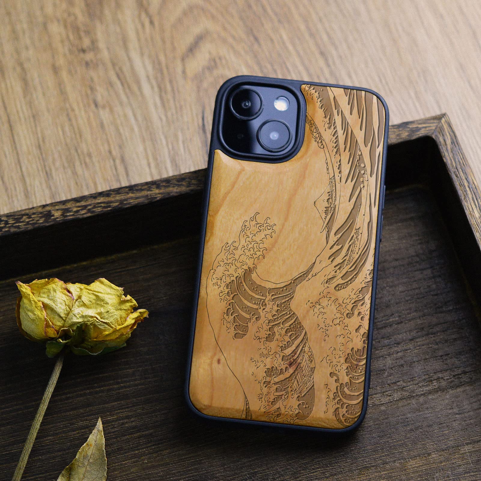 Carveit Magnetic Wooden Case for iPhone 13 Mini - Natural Cherry Wood & Soft TPU Shockproof Protective Cover - MagSafe Compatible - The Great Wave Off Kanagawa Design - Perfect for Outdoor Adventures & Business Meetings