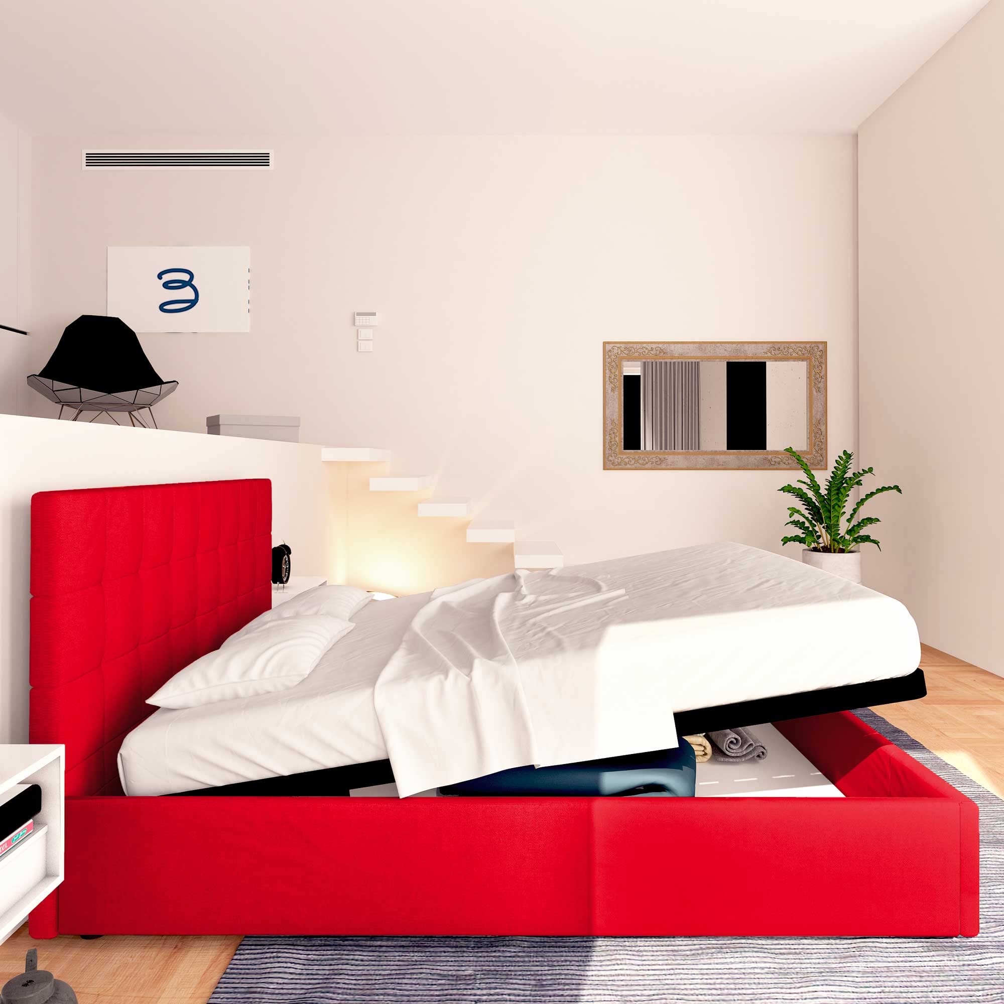 Baldiflex Single Bed with Storage - Synthetic Leather Dublin Model, 120x200cm Slatted Base for Single Mattress, Elegant Headboard, Red - Perfect for Small Bedrooms & Guest Rooms
