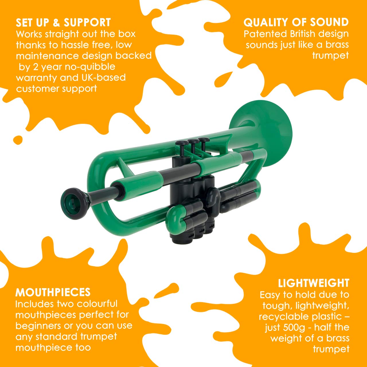 PTRUMPET1G Green Plastic Trumpet - Lightweight & Durable Beginner Instrument for Kids & Students - Perfect for School Bands, Music Lessons & Home Practice (2016 Model)