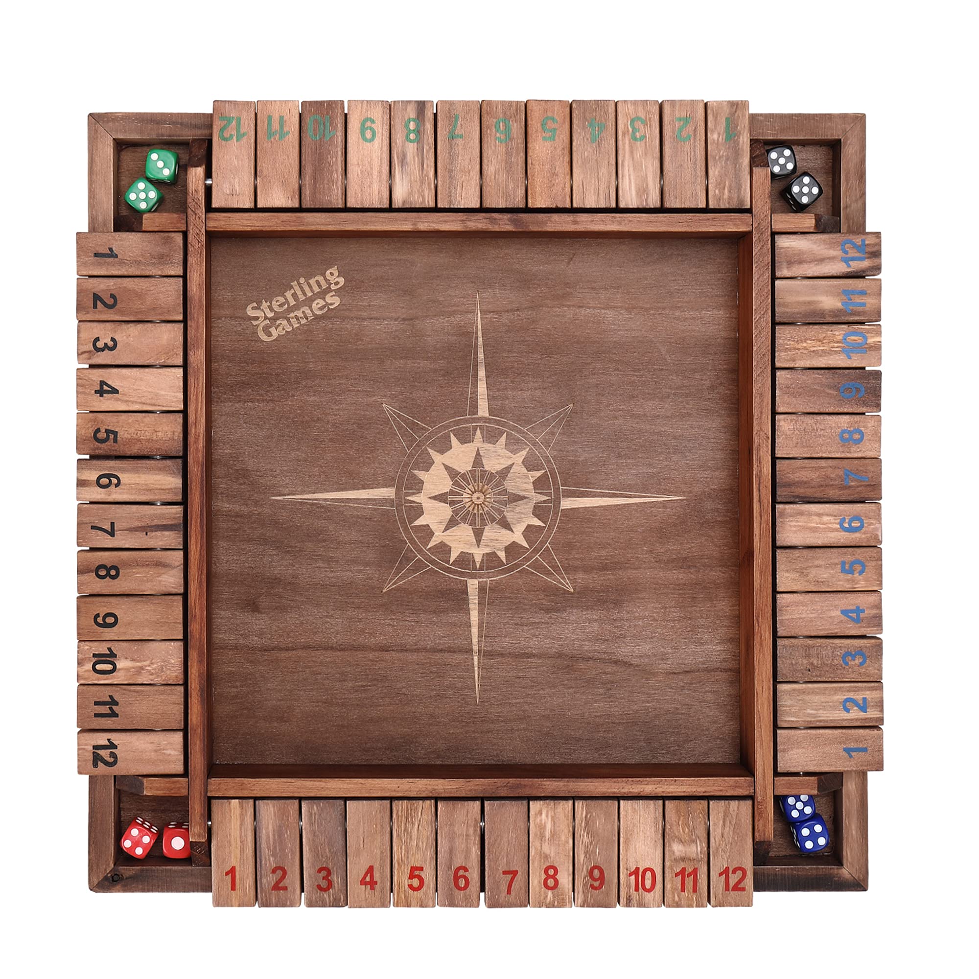 Sterling Games 14 Inch Shut The Box Dice Game for 4 Players - Large Wooden Board with 12 Numbers, Nautical Theme - Fun Family & Party Game for Game Nights, Bars, and Beach Gatherings