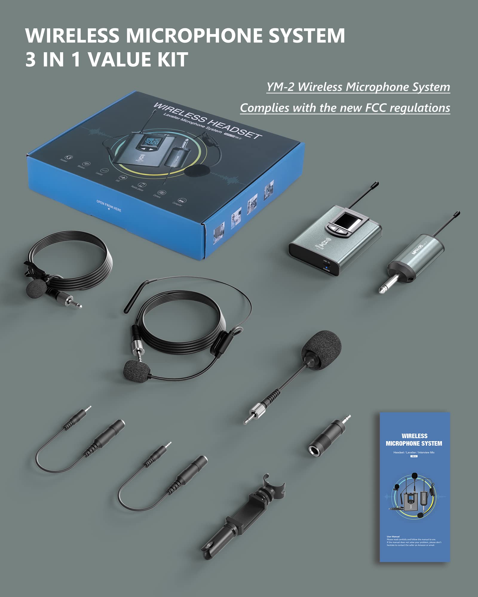 TTSTAR Wireless Microphone System - Rechargeable Headset/Lavalier Mic with Bodypack Transmitter & Receiver for PA Speakers, Cameras, Recording, Teaching, Church - Perfect for Live Performances, Public Speaking, Podcasting & Video Production