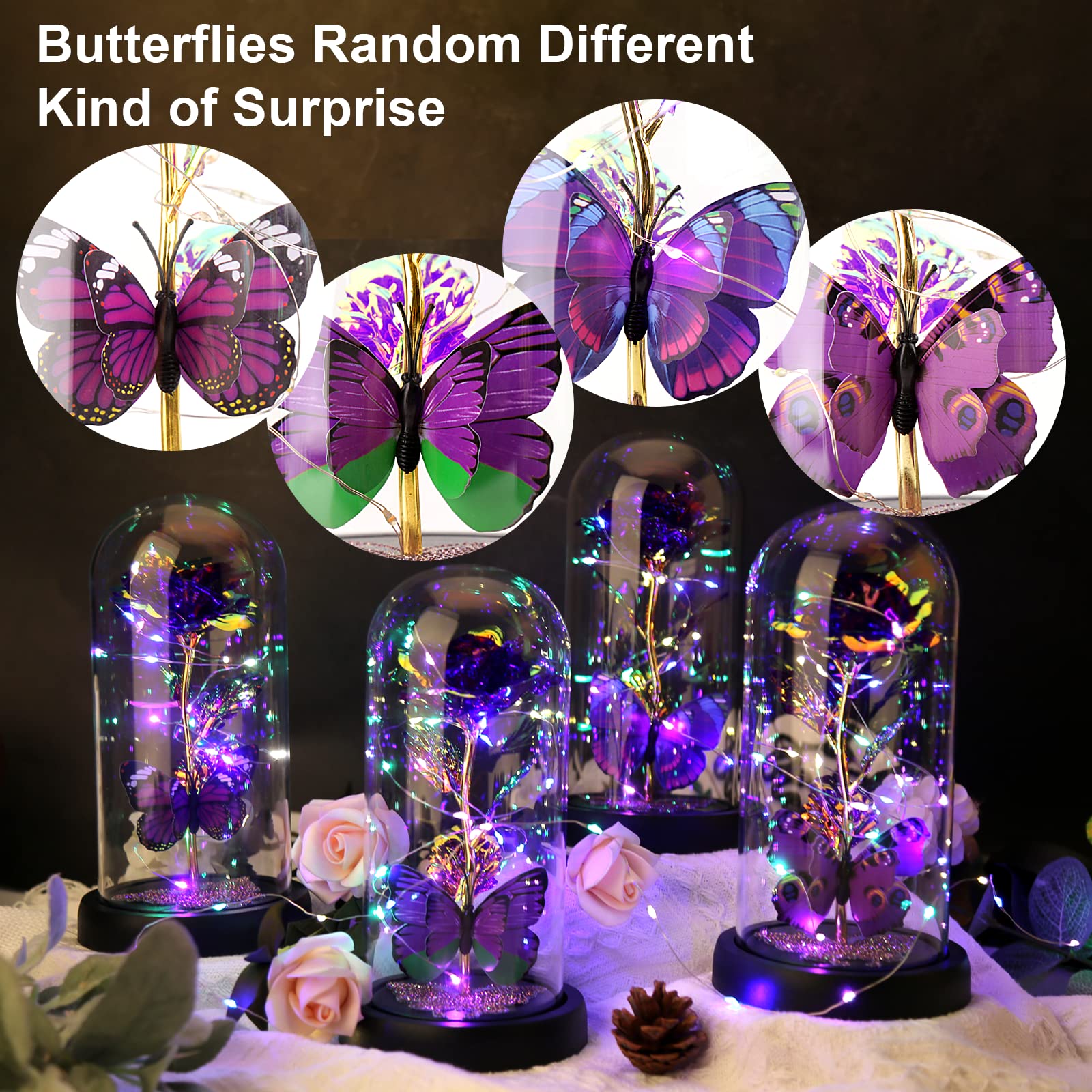 Galaxy Butterfly Rose in Glass Dome - LED Light Up Artificial Flower, Eternal Rose Gift for Women, Mom, Grandma - Valentine's Day, Birthday, Anniversary, Wedding Gift (Purple) - Perfect for Home Decor, Romantic Surprises & Special Occasions