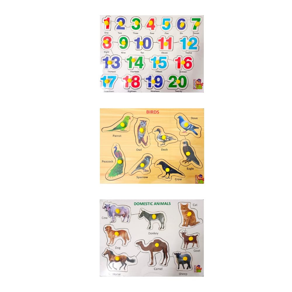 Wooden Learning Boards - Educational Wooden Puzzle Toys for Kids Ages 3+ & Adults | Number, Shape, Animal, Bird, Alphabet & Fruit Puzzles (Set of 6) | STEM Learning Toy for Preschool & Homeschool Activities