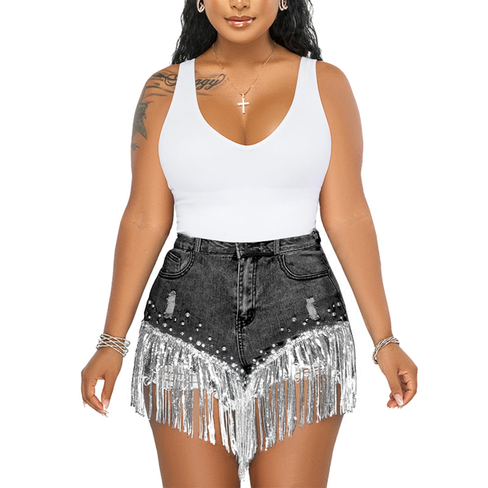 CYLADY Women's High Waisted Ripped Denim Shorts with Frayed Raw Hem & Tassels - Trendy Distressed Jean Shorts for Summer Outfits, Beach Vacations and Casual Street Style