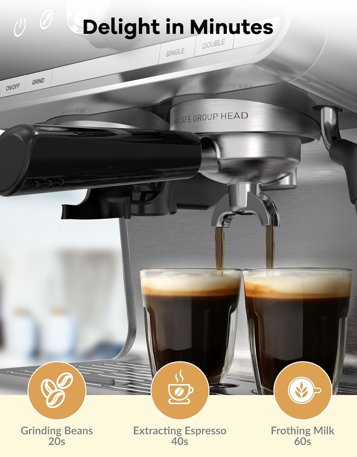 20 Bar Professional Espresso Machine with Built-in Grinder & Milk Frother - 95oz Removable Water Tank for Latte, Cappuccino - Stainless Steel Home Coffee Maker for Kitchen, Office & Small Cafes