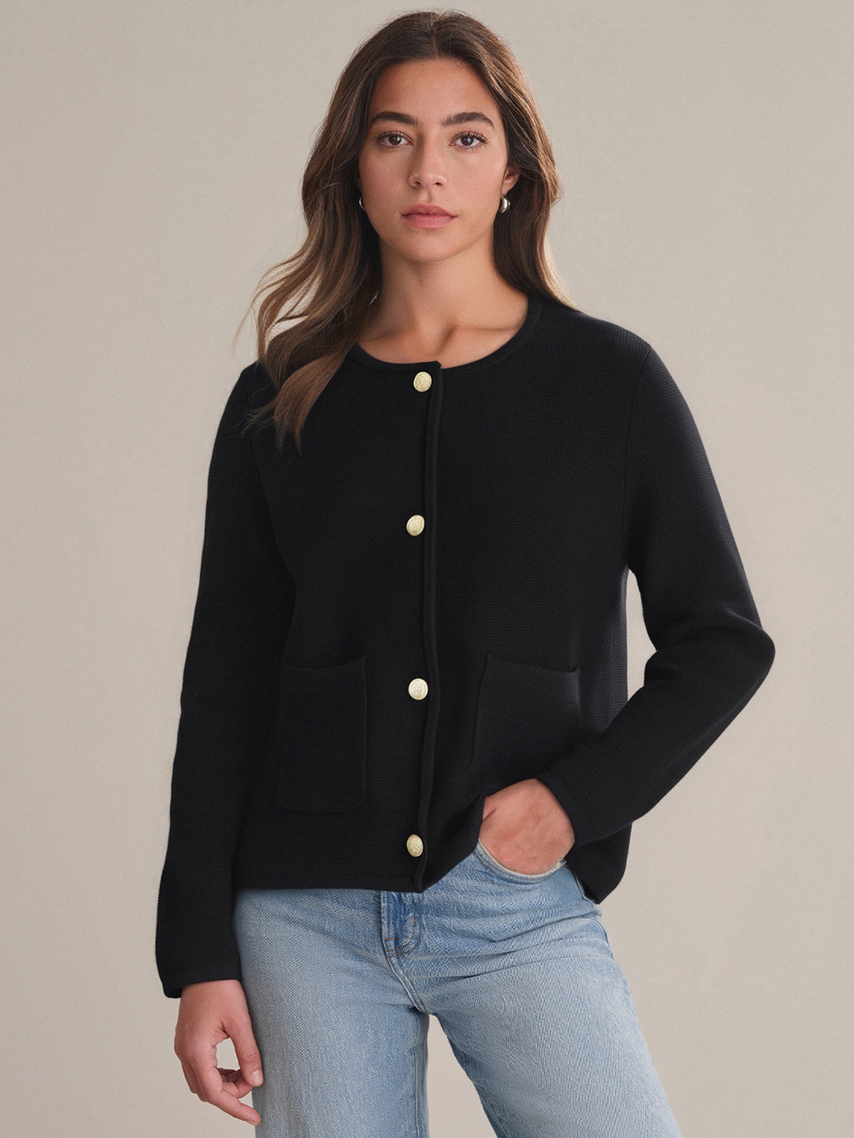 Michele Women's Crewneck Cotton Cardigan Sweater - Soft & Comfortable Knit Pullover for Casual Wear, Office, and Layering