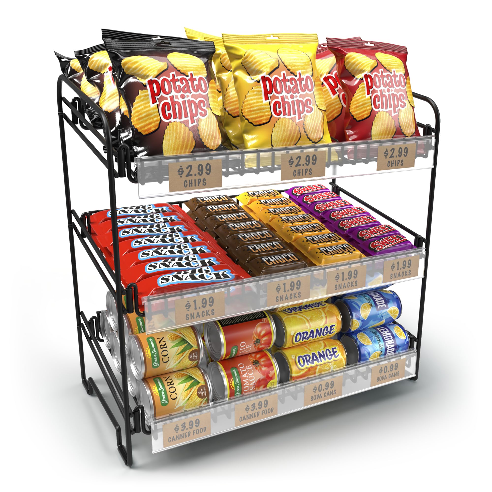 3-Tier Black Candy & Snack Display Rack with Clips - Countertop Chip Stand for Concession Supplies - Perfect for Retail Stores, Movie Theaters & Party Snack Bars