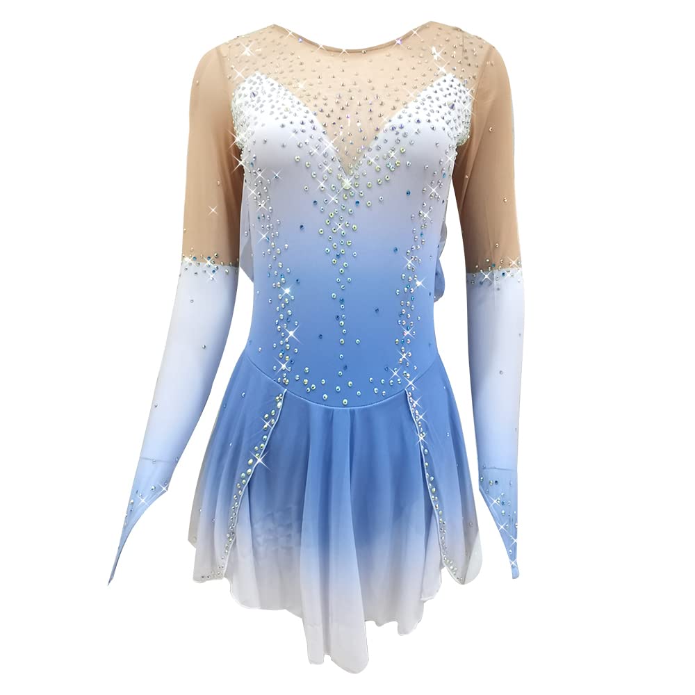 Blue Figure Skating Dress for Girls & Women - Elegant Frilled Competition & Stage Dance Costume | Perfect for Ice Skating Performances & Competitions