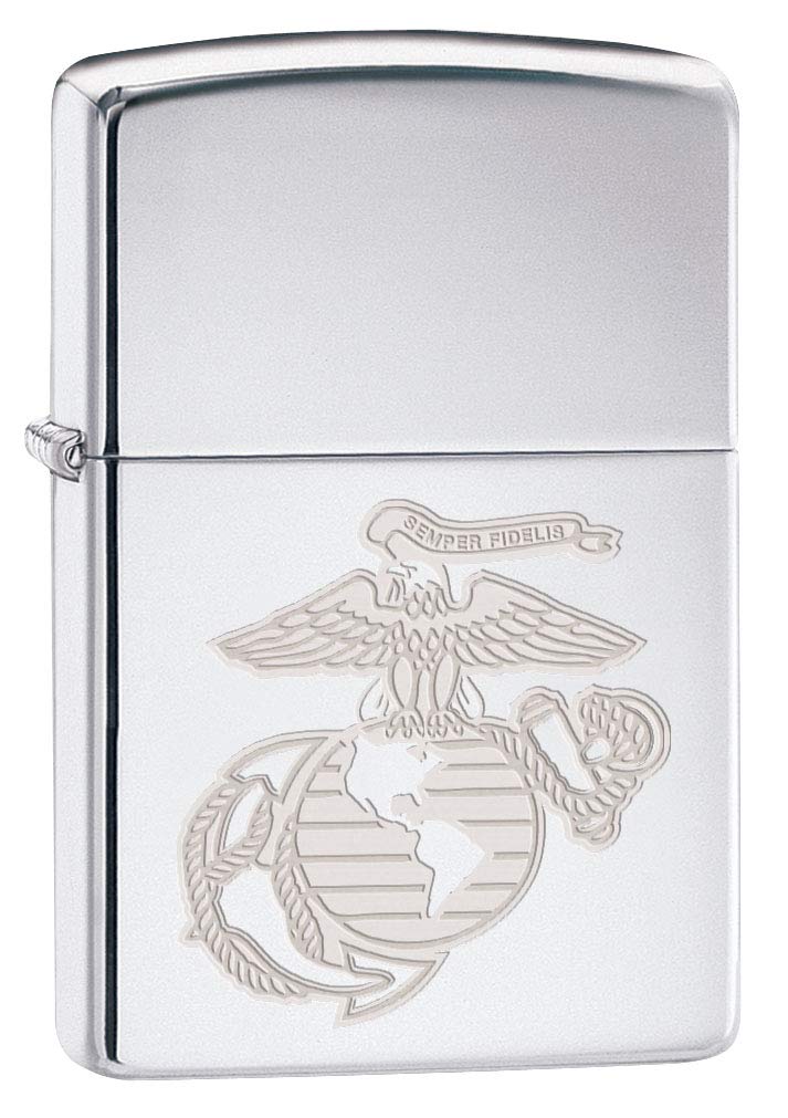 Zippo Lighter with Engraved USMC Marines Logo - High Polish Chrome Windproof Refillable Lighter (Model 80394) - Perfect for Outdoor Camping, Survival Kits & Military Enthusiasts
