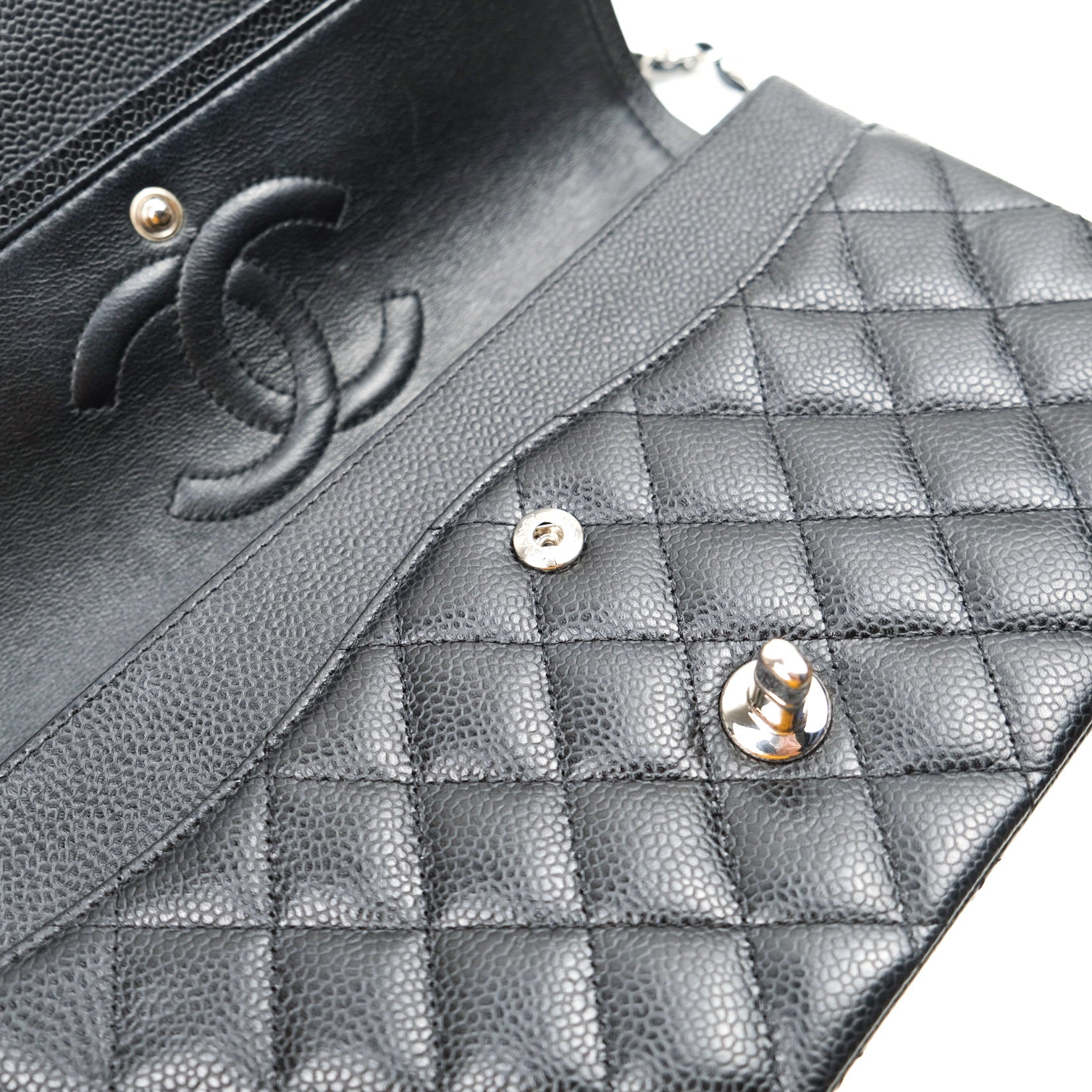 Chanel Classic Double Flap M/L Black Caviar Leather Bag with Silver Hardware - Luxury Designer Handbag for Women, Perfect for Work, Evening & Special Occasions