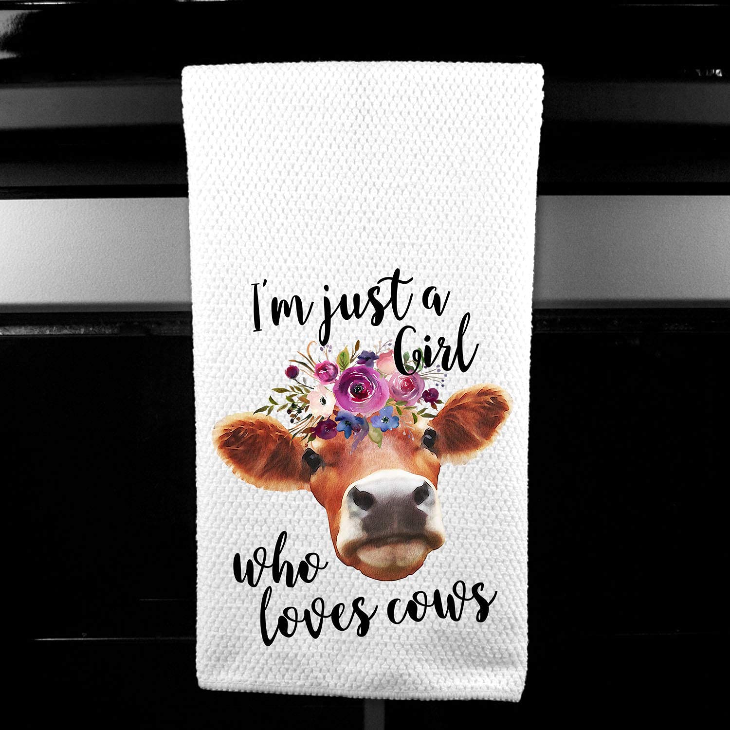 Funny Brown Cow Floral Microfiber Waffle Kitchen Towel - Farmhouse Decor, Cute Cow Lover Gift for Women - Perfect for Farmhouse Kitchens, Baking, and Country Style Home Decor
