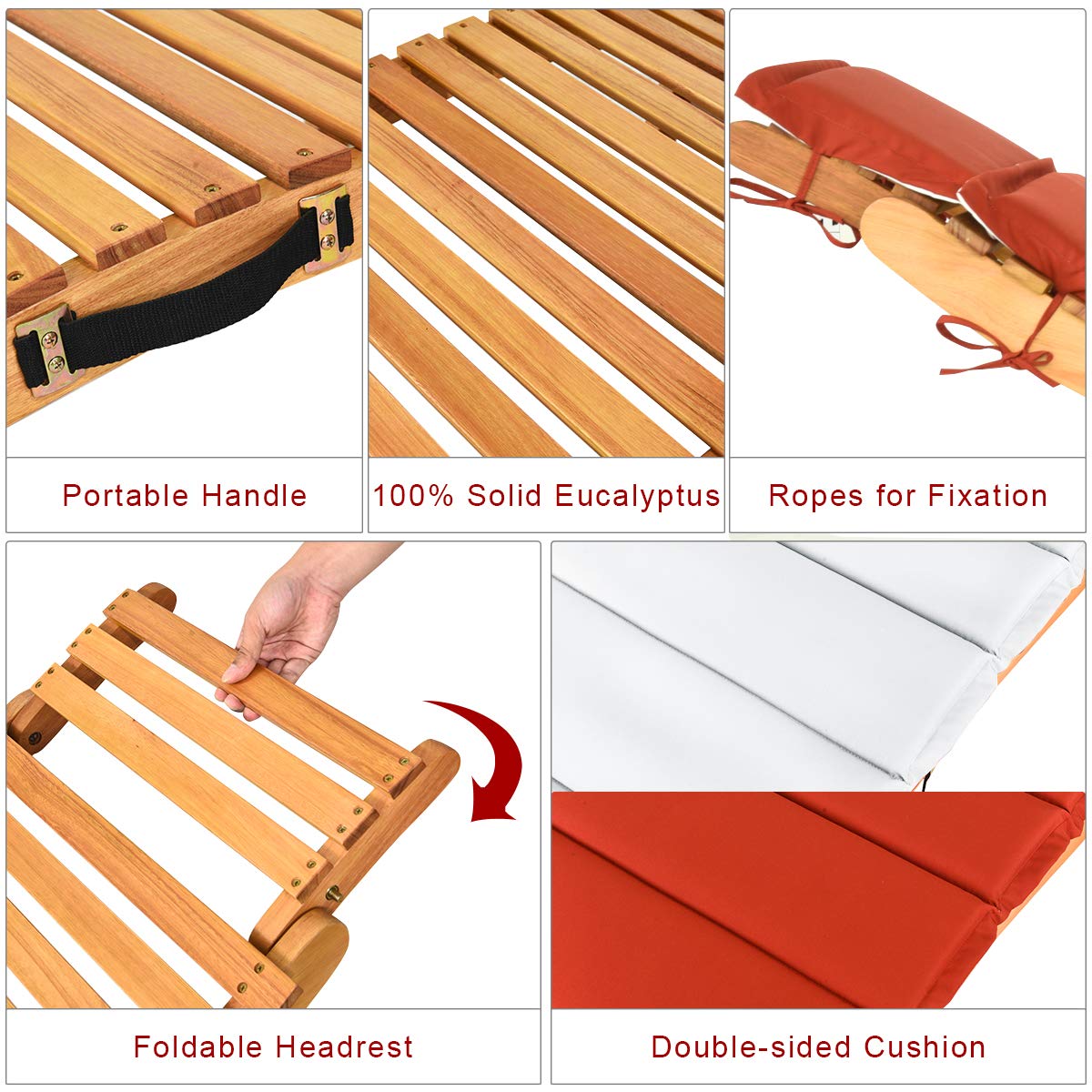 Folding Chaise Lounge Chair with Adjustable Headrest - Outdoor Patio Wooden Bench with Double-Sided Cushion - Perfect for Garden, Lawn, Backyard & Poolside Relaxation