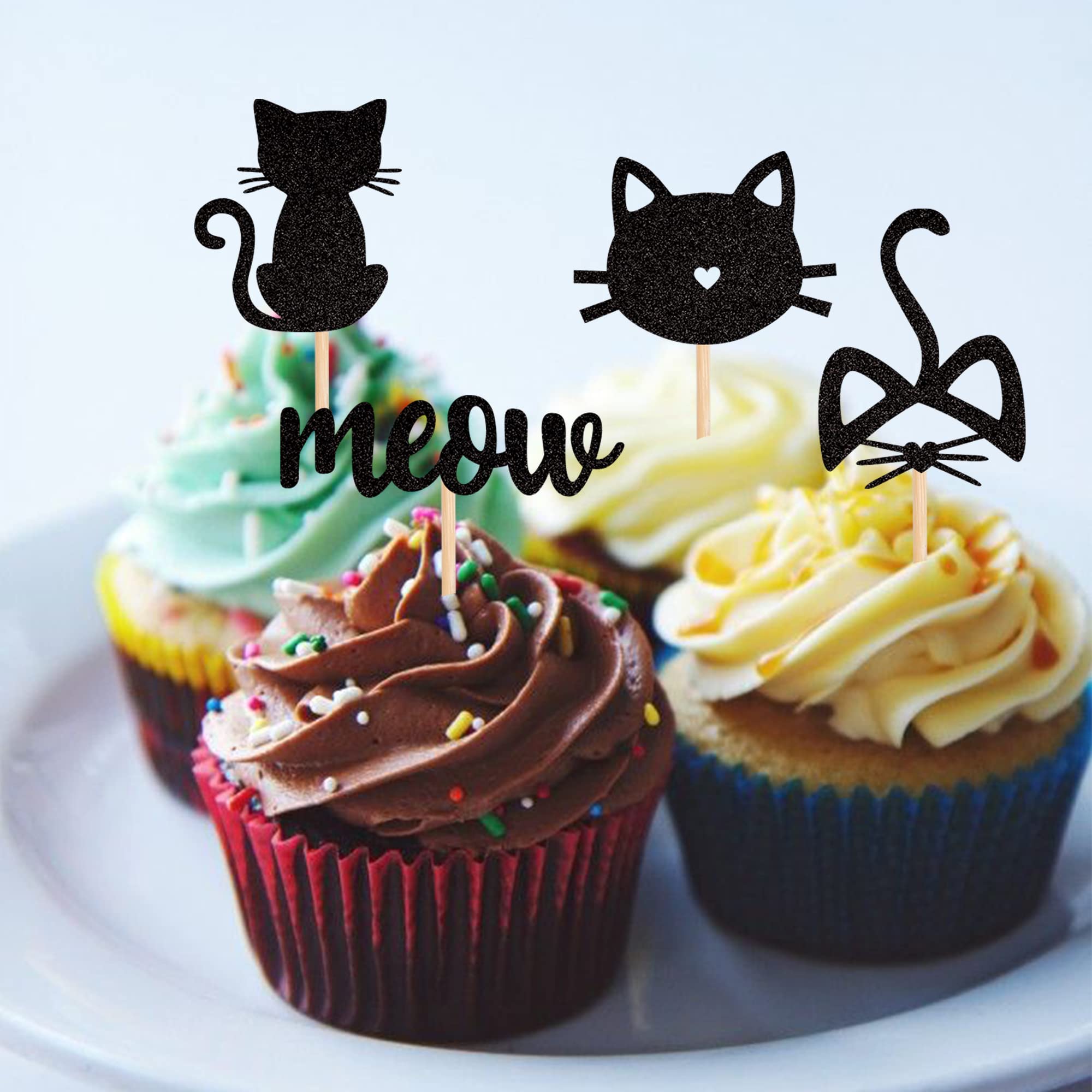 24 Pack Black Glitter Cat and Meow Cupcake Toppers - Kitten Theme Food Picks for Cat Lovers - Perfect for Baby Showers, Kids Birthdays, Wedding Cakes & Party Decorations