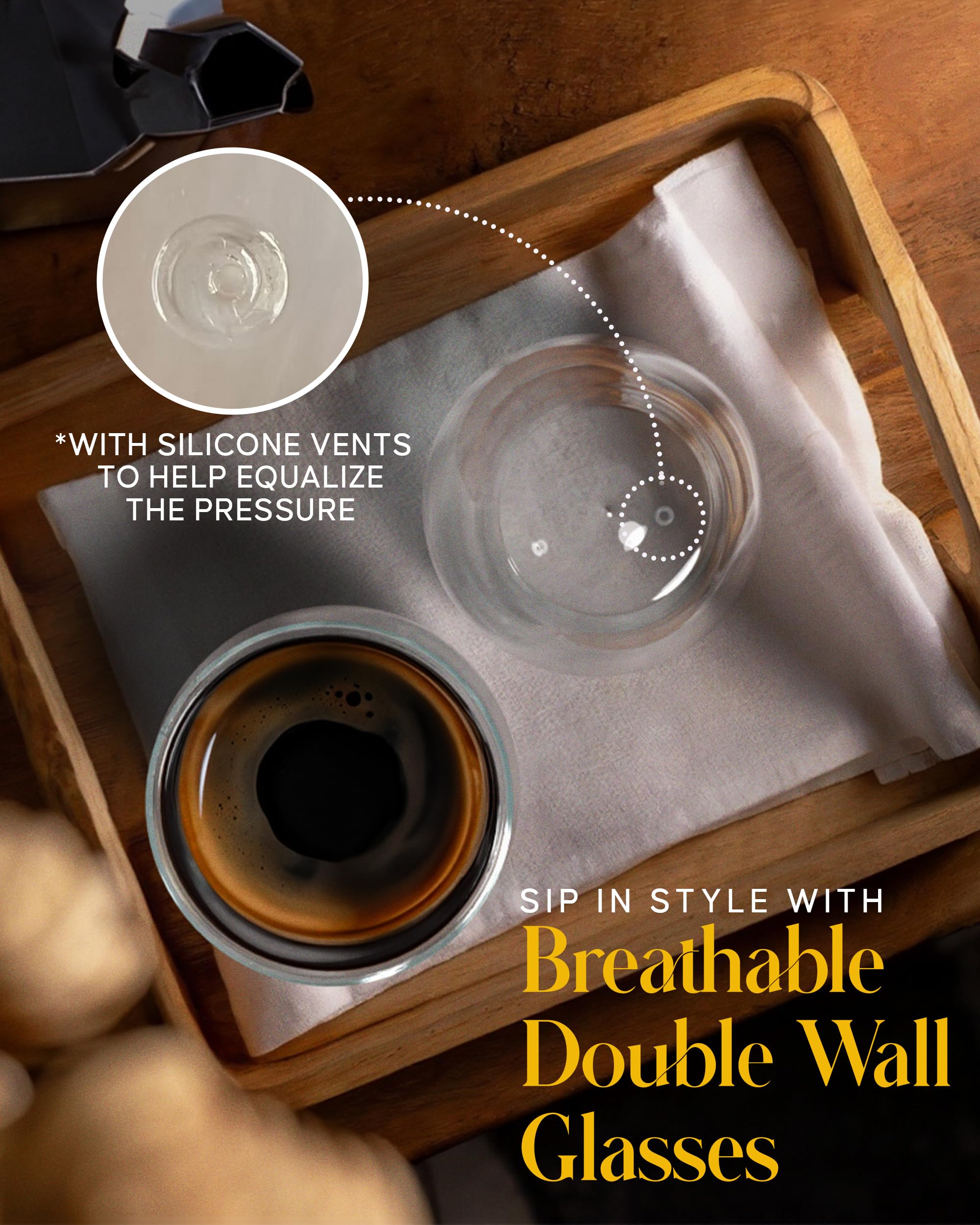 Kitchables 15oz Double Walled Insulated Glass Coffee Mugs Set of 2 - Perfect for Cappuccino, Latte, Tea & Espresso - Ideal for Home, Office & Cafe Use