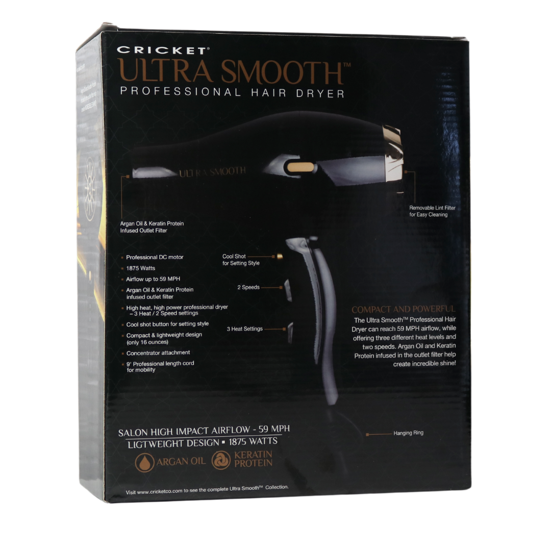 Cricket Ultrasmooth Pro Hair Dryer - Sleek Black, Infused with Argan Oil & Keratin for Frizz-Free Shine | Professional Blow Dryer for Salon-Quality Styling at Home