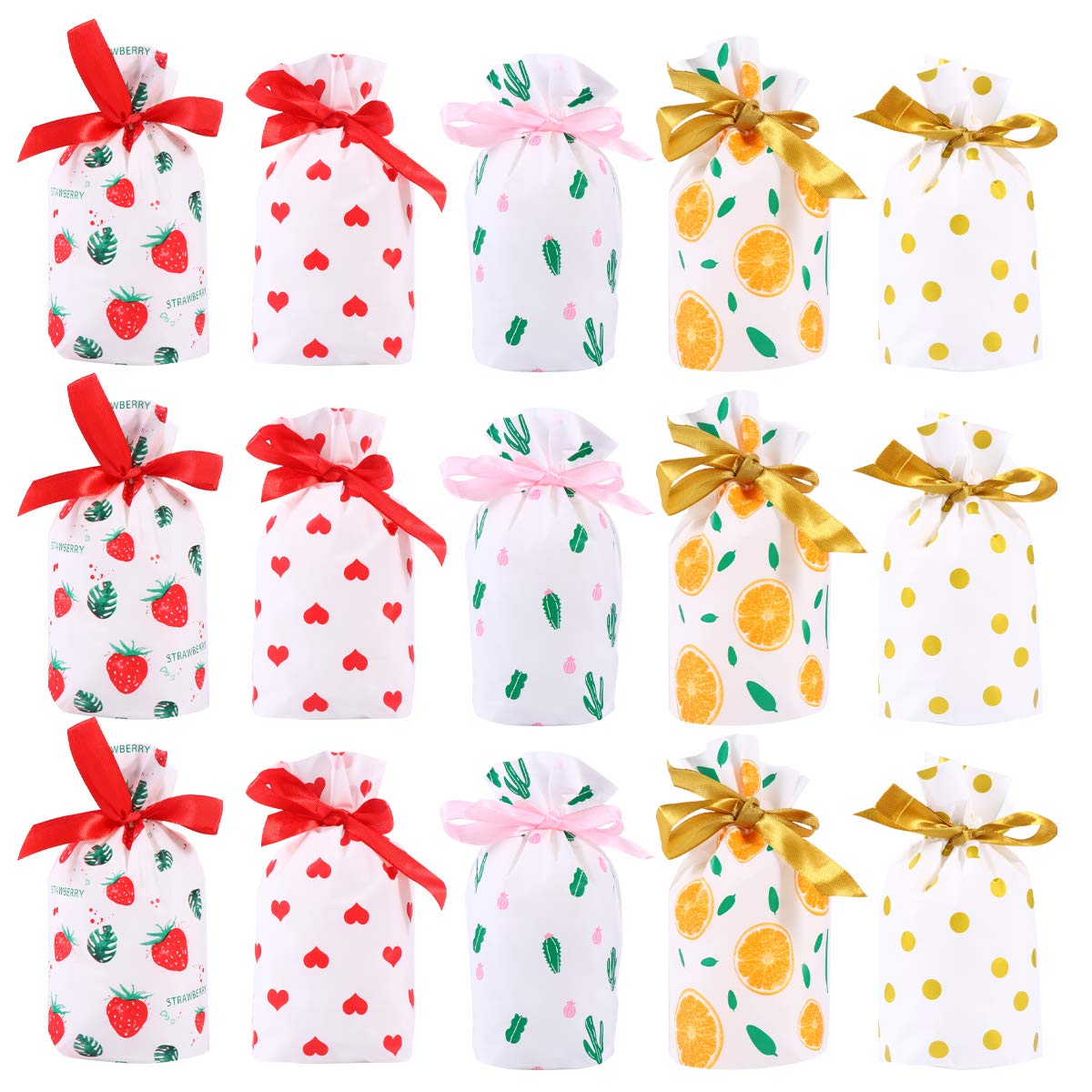 VALICLUD 50 Pcs Printed Candy Favor Bags - Assorted Colors Drawstring Gift Bags for Birthday Party Favors, Baby Shower, Wedding Treats & Holiday Candy Packaging