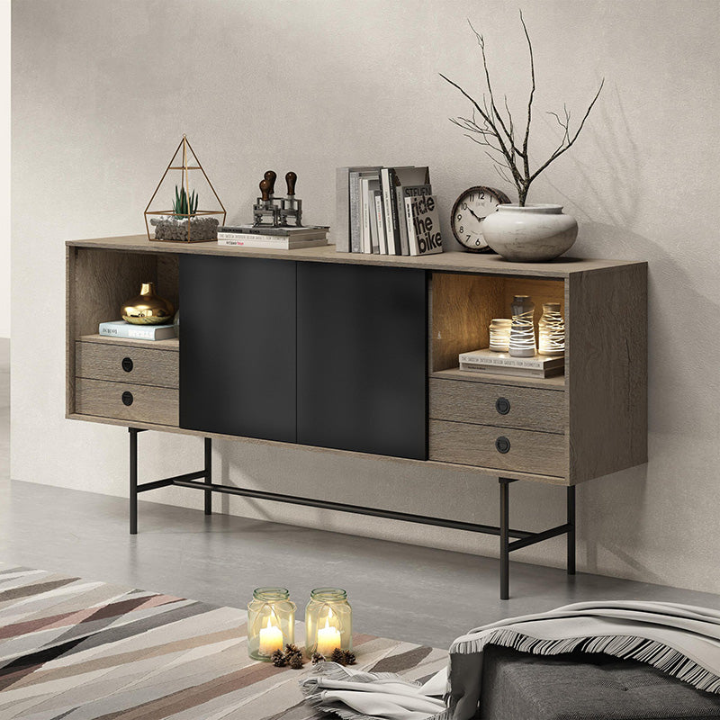 BAYLEN 1.6M Sideboard Buffet Cabinet - Warm Oak & Black Finish - Perfect for Dining Room Storage & Living Room Organization