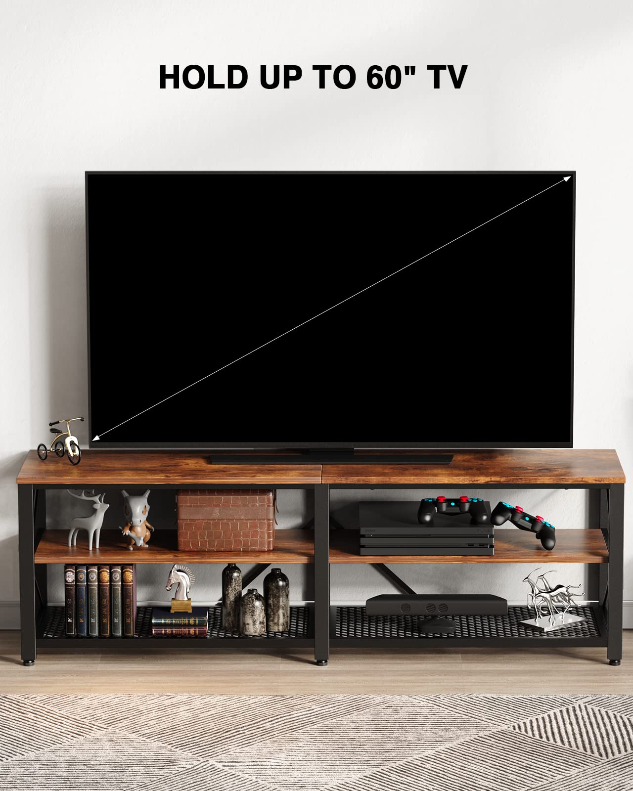 NOBLEWELL 63 Inch Rustic Brown TV Stand - 3-Tier Wood Entertainment Center with Storage, Media Console Table for Living Room - Perfect for Flat Screen TVs, Gaming Consoles & Home Theater Setup