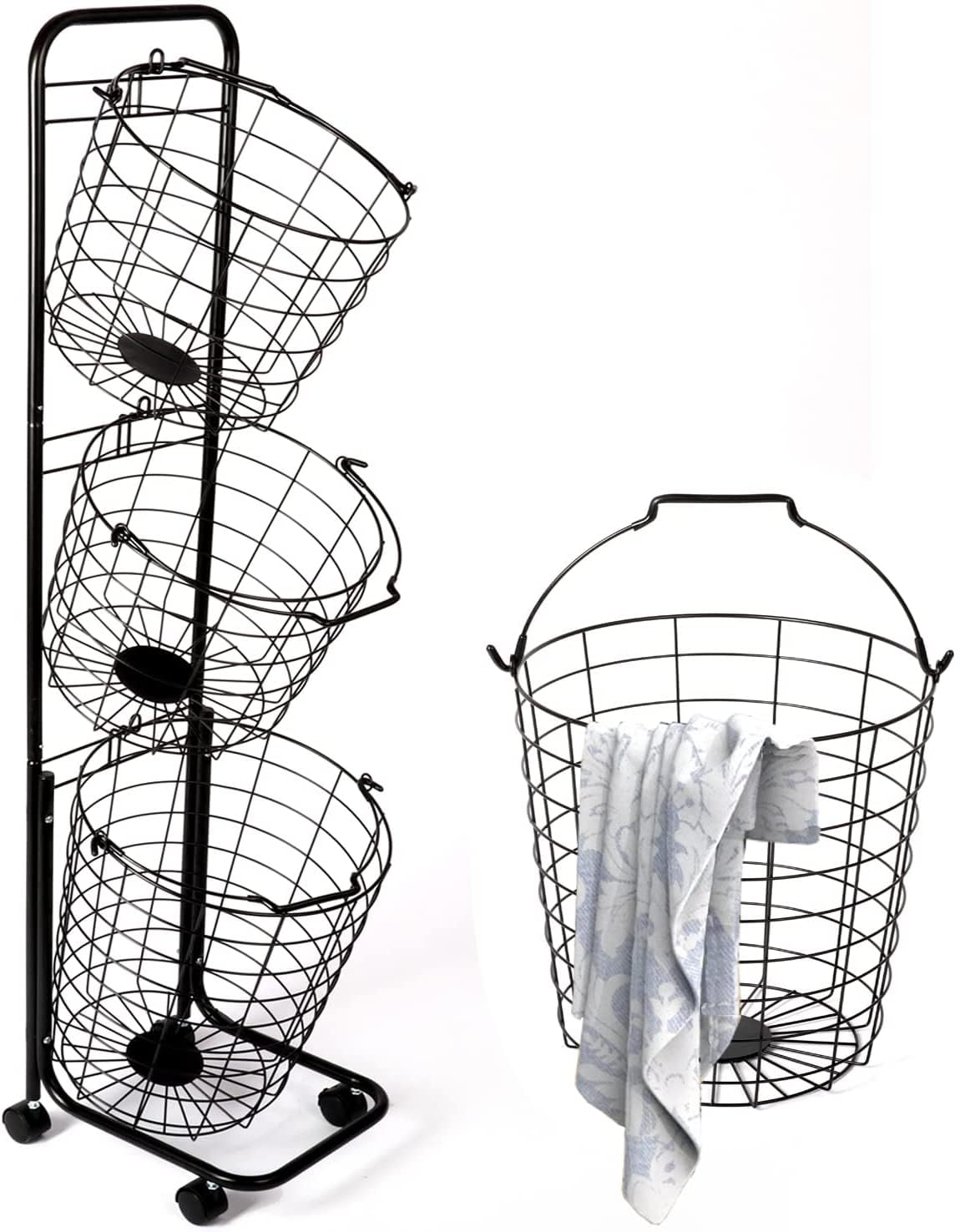 3-Tier Rolling Laundry Hamper with Removable Wire Baskets - 48.4x12.6x9.7 Inch Large Laundry Organizer for Clothes Sorting - Perfect for Laundry Room, Dorm, Apartment & Home Storage Solutions