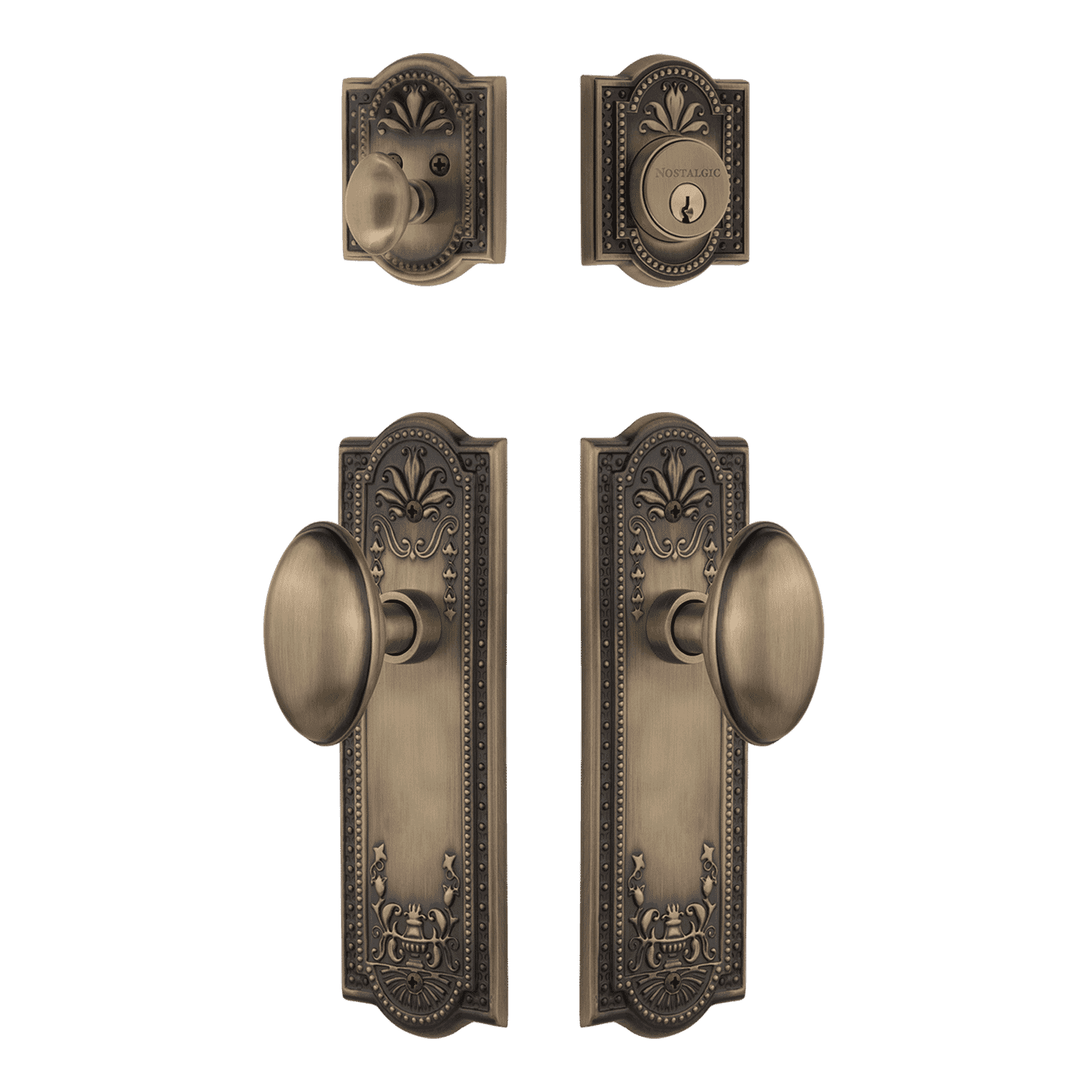 Meadows Entry Door Set with Homestead Knob in Antique Brass - Elegant Front Door Hardware for Traditional & Farmhouse Style Homes
