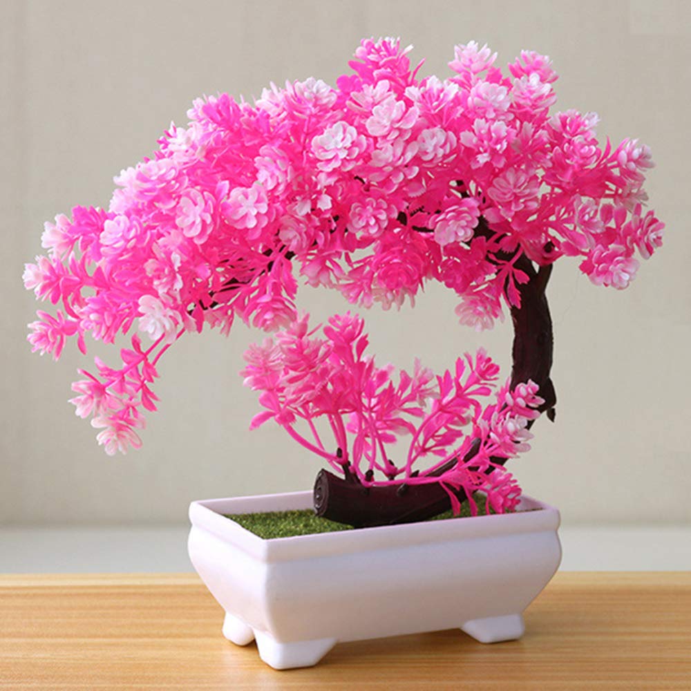 Artificial Bonsai Tree Pink - Fake Potted Plant for Home, Office & Dining Table Decor - Realistic Miniature Indoor Plants for Desk, Shelf & Window Display