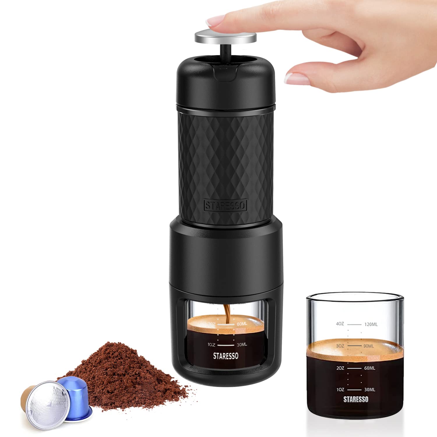 STARESSO Portable Manual Espresso Maker - Compact Travel Coffee Machine with Rich Crema, Works with Ground Coffee & Pods - Perfect for Camping, Office, Home & Outdoor Adventures (Black) | Enjoy Barista-Quality Espresso Anywhere