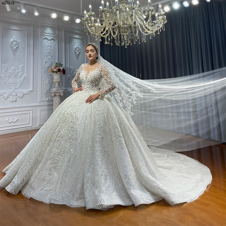Elegant Long Sleeve Ball Gown Wedding Dress - Luxury Lace Bridal Gown for Church Ceremony & Formal Events