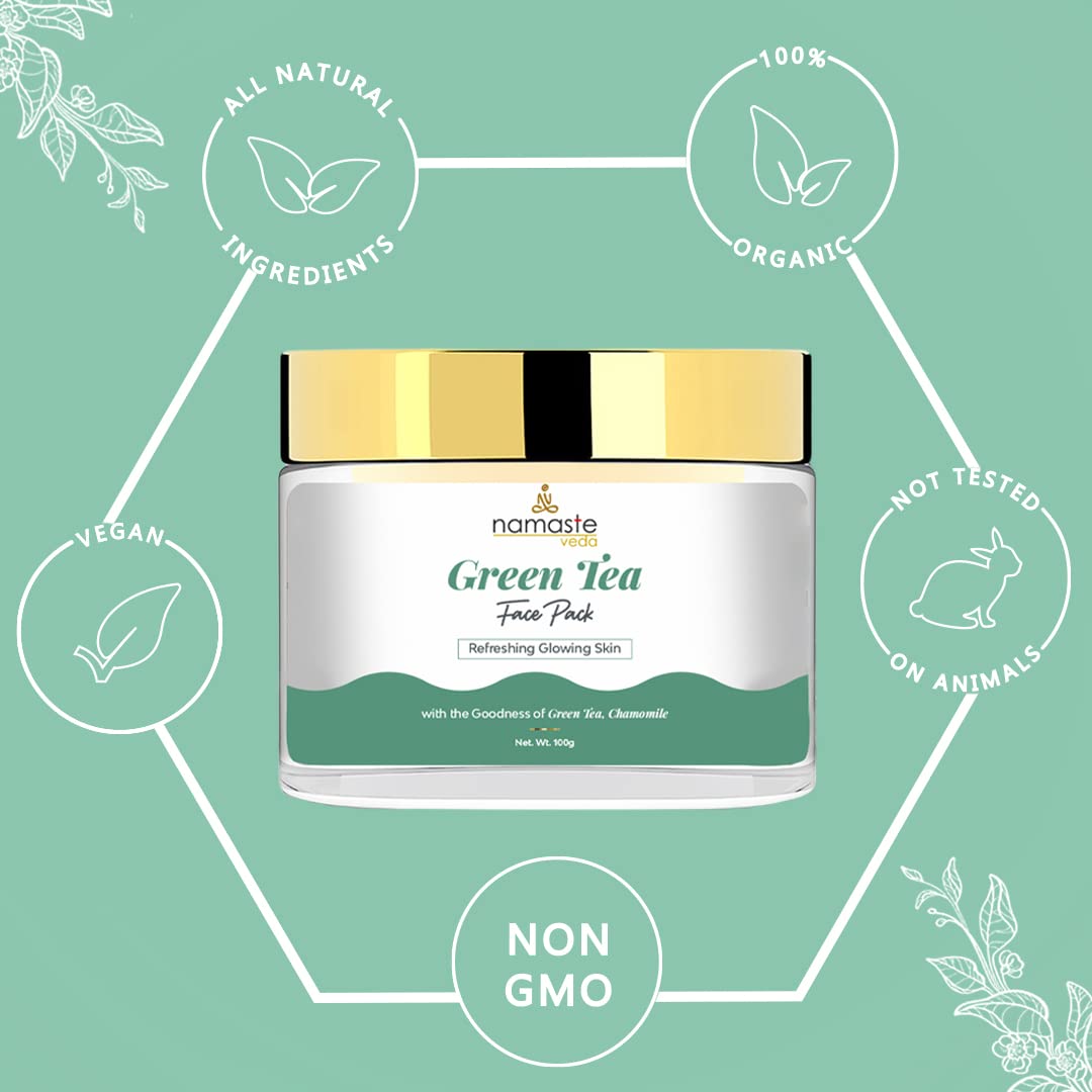 Namaste Veda Green Tea Face Pack - Dark Spot Remover & Deep Cleansing | Anti-Acne Treatment for Clear, Glowing Skin | With Aloe Vera, Vitamin C & E | 100g for Women & Men | Perfect for Daily Skincare & Acne-Prone Skin
