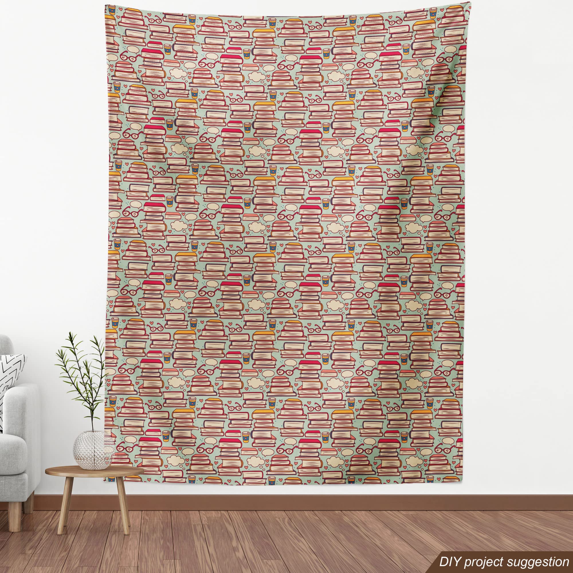 Ambesonne Cartoon Fabric by The Yard - Stack of Books with Coffee Cups & Eyeglasses Retro Nerdy Print - Decorative Upholstery Fabric for Sofa, Curtains & Home Decor - 10 Yards Pink Sage Green - Perfect for Book Lovers & Coffee Enthusiasts