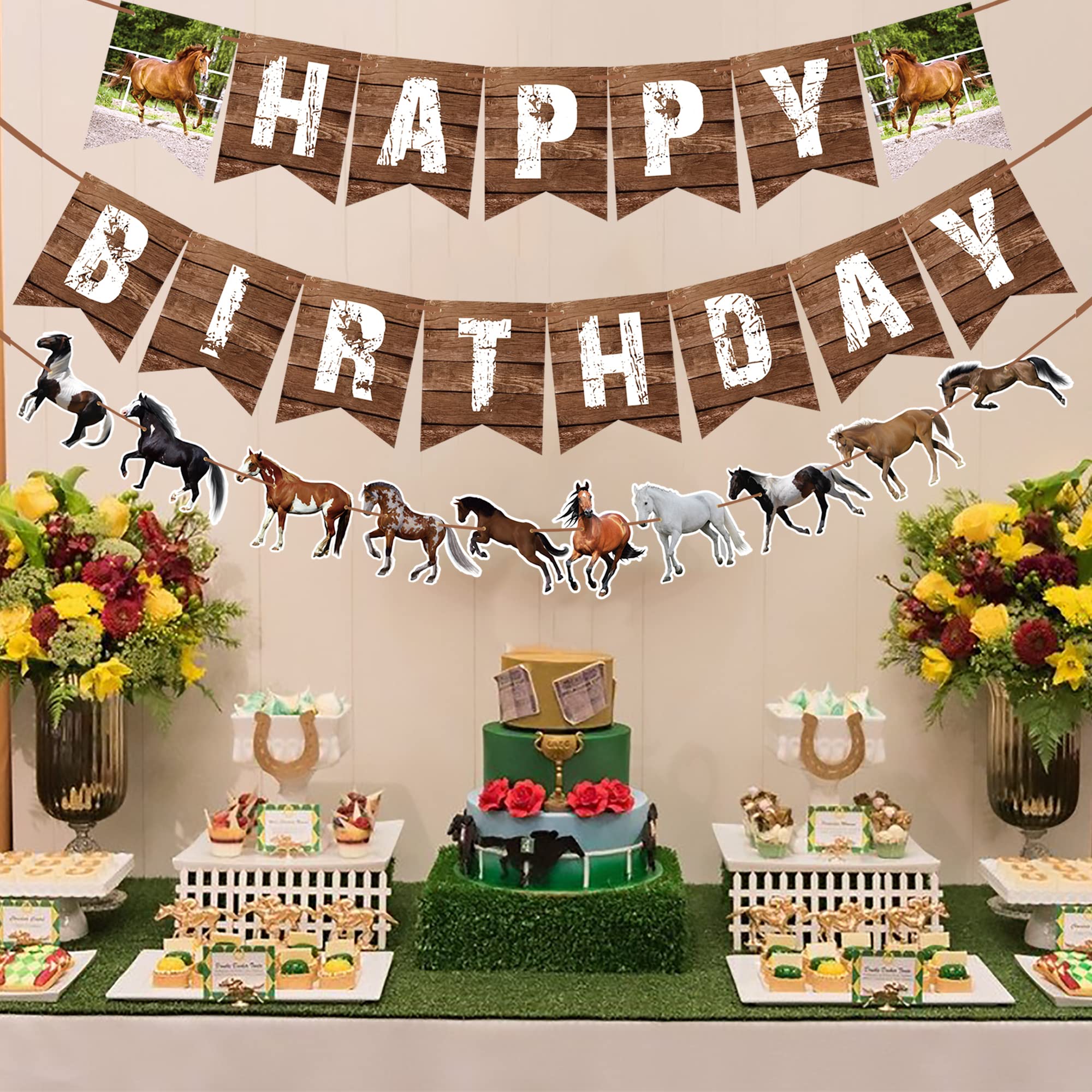 Horse Birthday Party Decorations - Happy Birthday Banner & Garland for Horse Theme Party Supplies | Perfect for Kids' Birthday, Barnyard Celebrations, and Equestrian Events