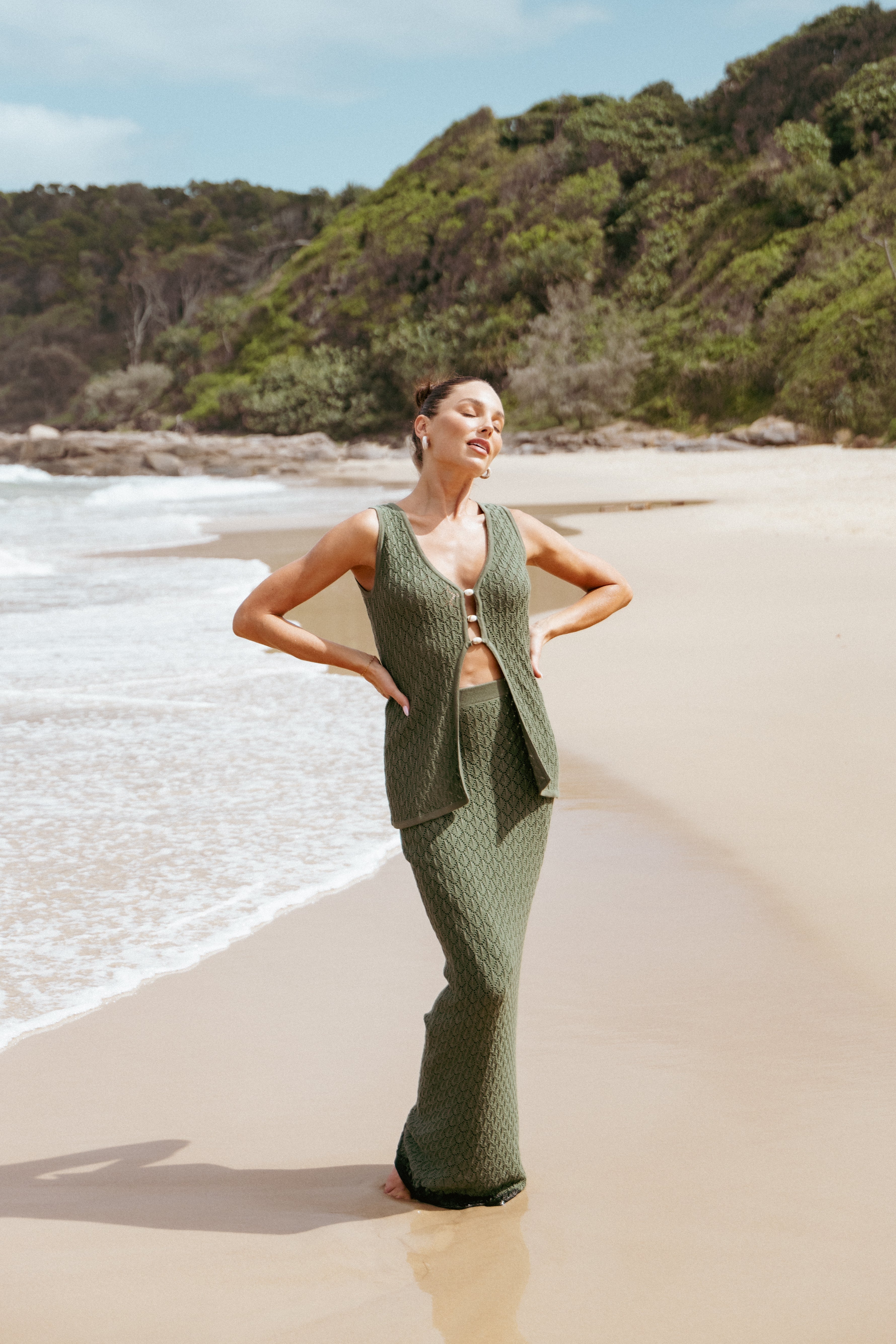 Asplie Knit Maxi Skirt for Women - Olive Green Long Flowy Skirt with Elastic Waist | Perfect for Casual Wear, Beach Outfits & Boho Style Fashion