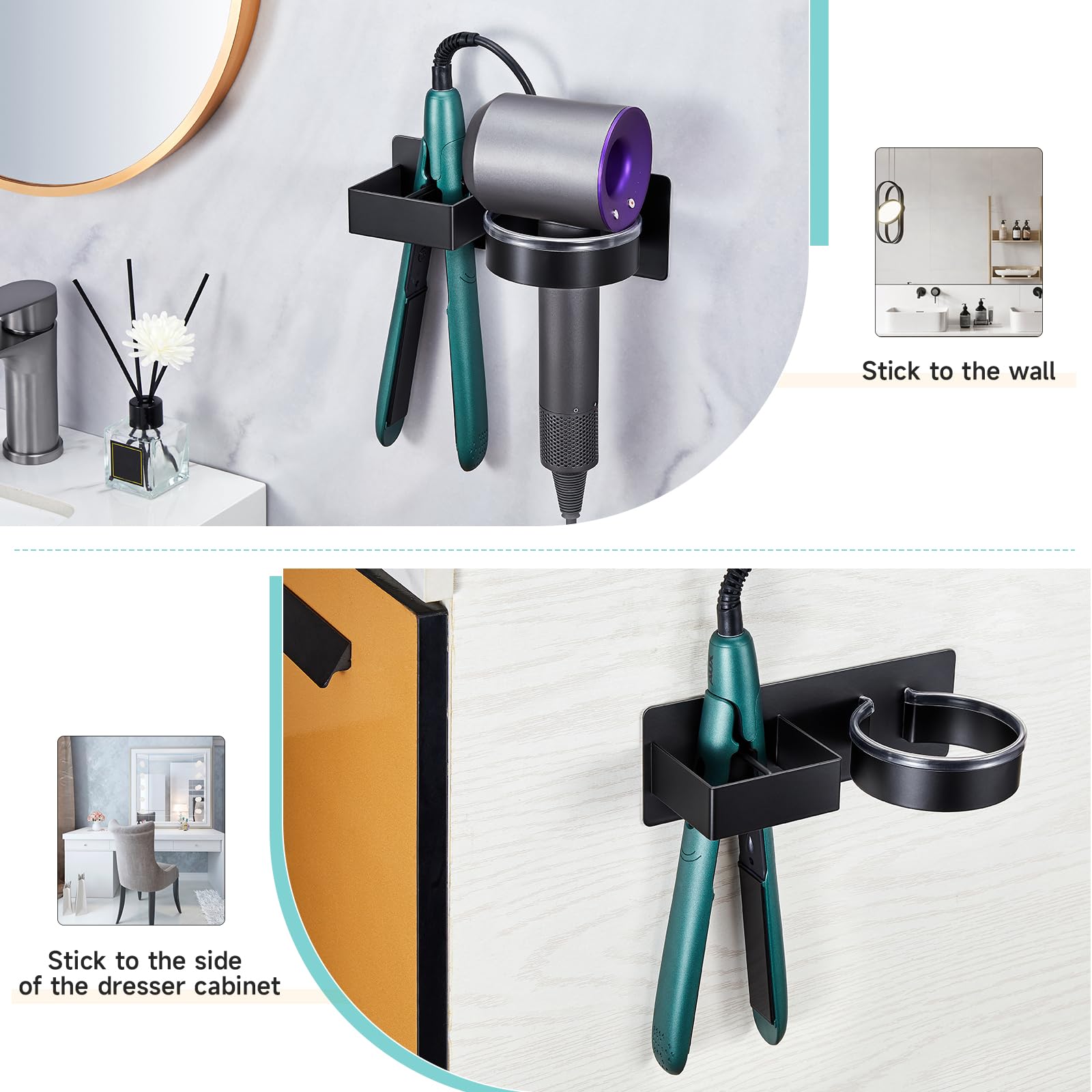 Wall Mounted Hair Dryer Holder - Stainless Steel Blow Dryer & Hair Tool Organizer for Straightener, Curling Iron - Adhesive Bathroom Salon Storage (Perfect for Home, Salon & Travel)