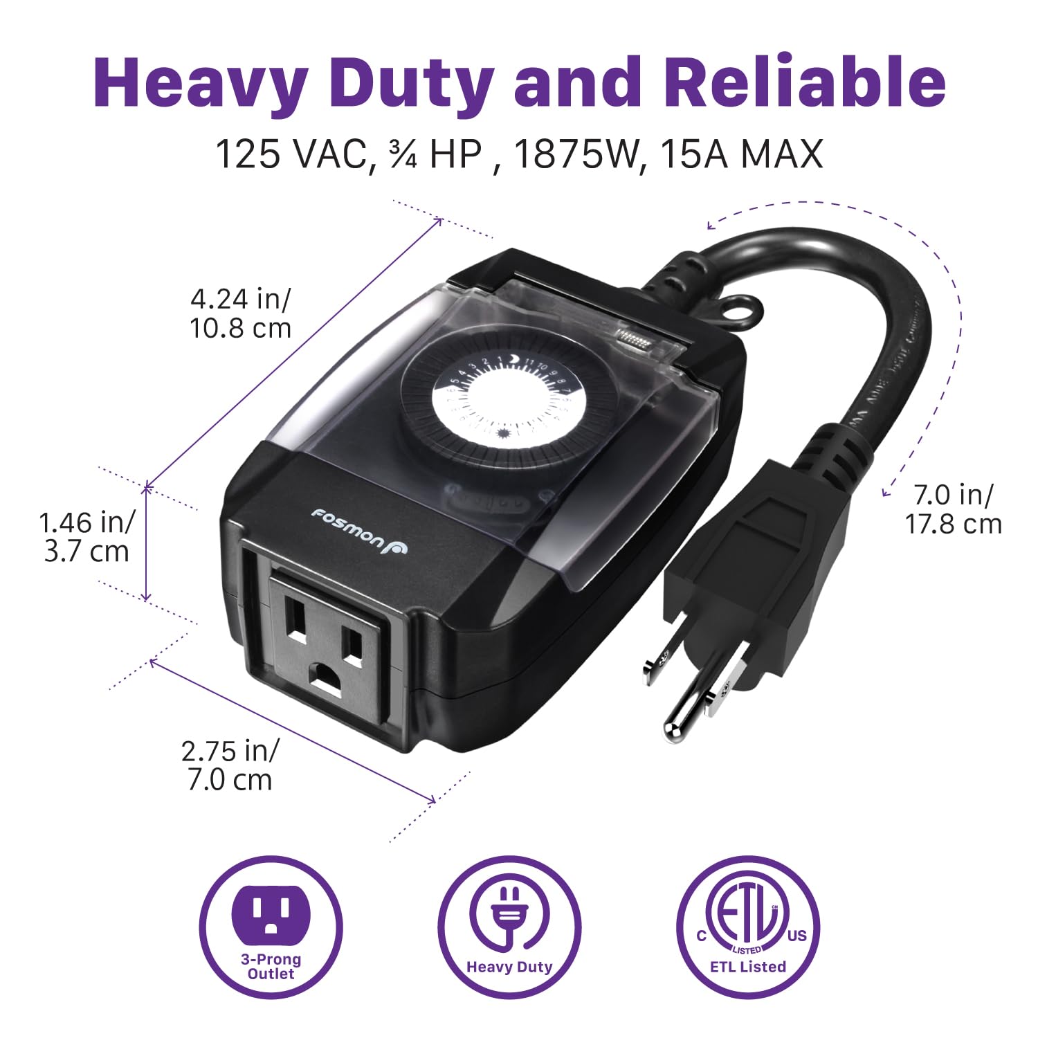 Fosmon Outdoor Light Timer Outlet - Waterproof 24-Hour Mechanical Pool Pump Timer, Heavy Duty 15A 1/2HP, 3-Prong Grounded Plug for Outdoor Lighting, Pools & Garden Equipment | Weatherproof & Durable for Patio, Backyard & Landscape Use