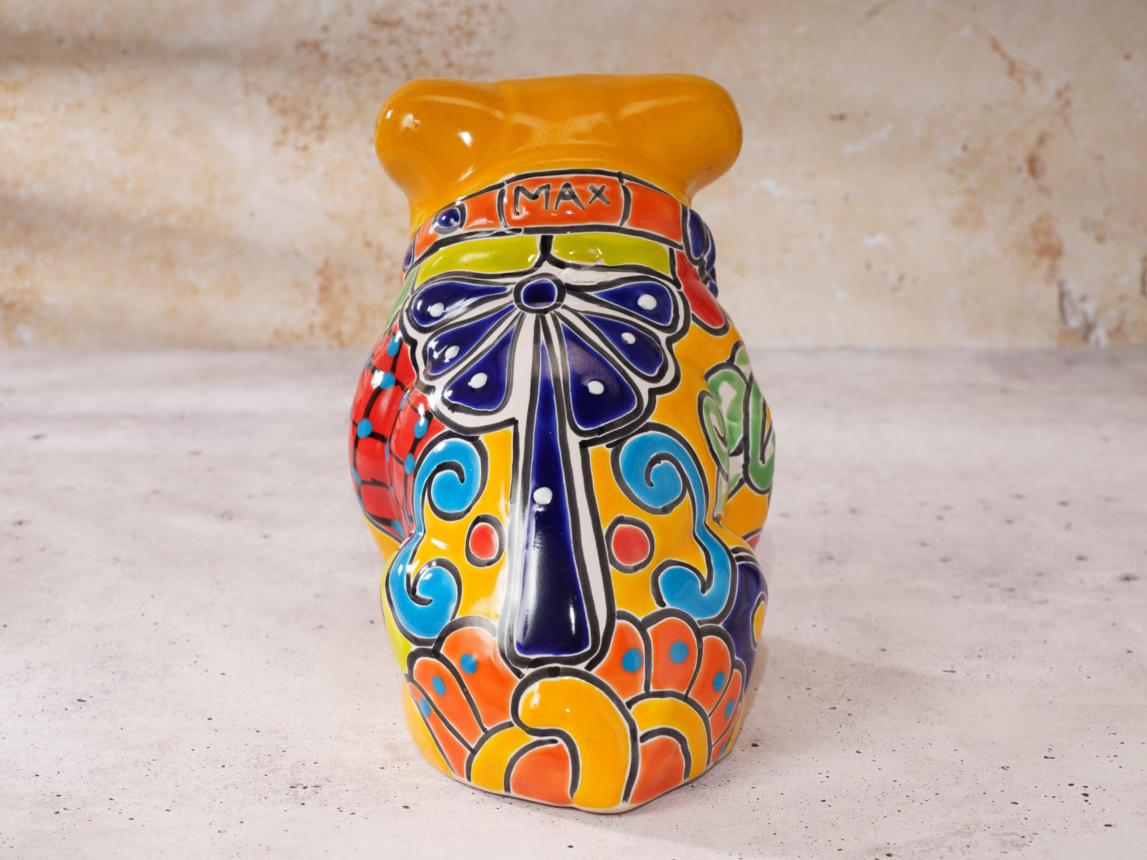 Authentic Talavera Mexican Ceramic Day of The Dead Dog Statue - Día de Muertos Sculpture for Halloween & Garden Decor - Dachshund, Boston Terrier, Chihuahua Puppies Collection (Bulldog Marigold, Medium 8.5