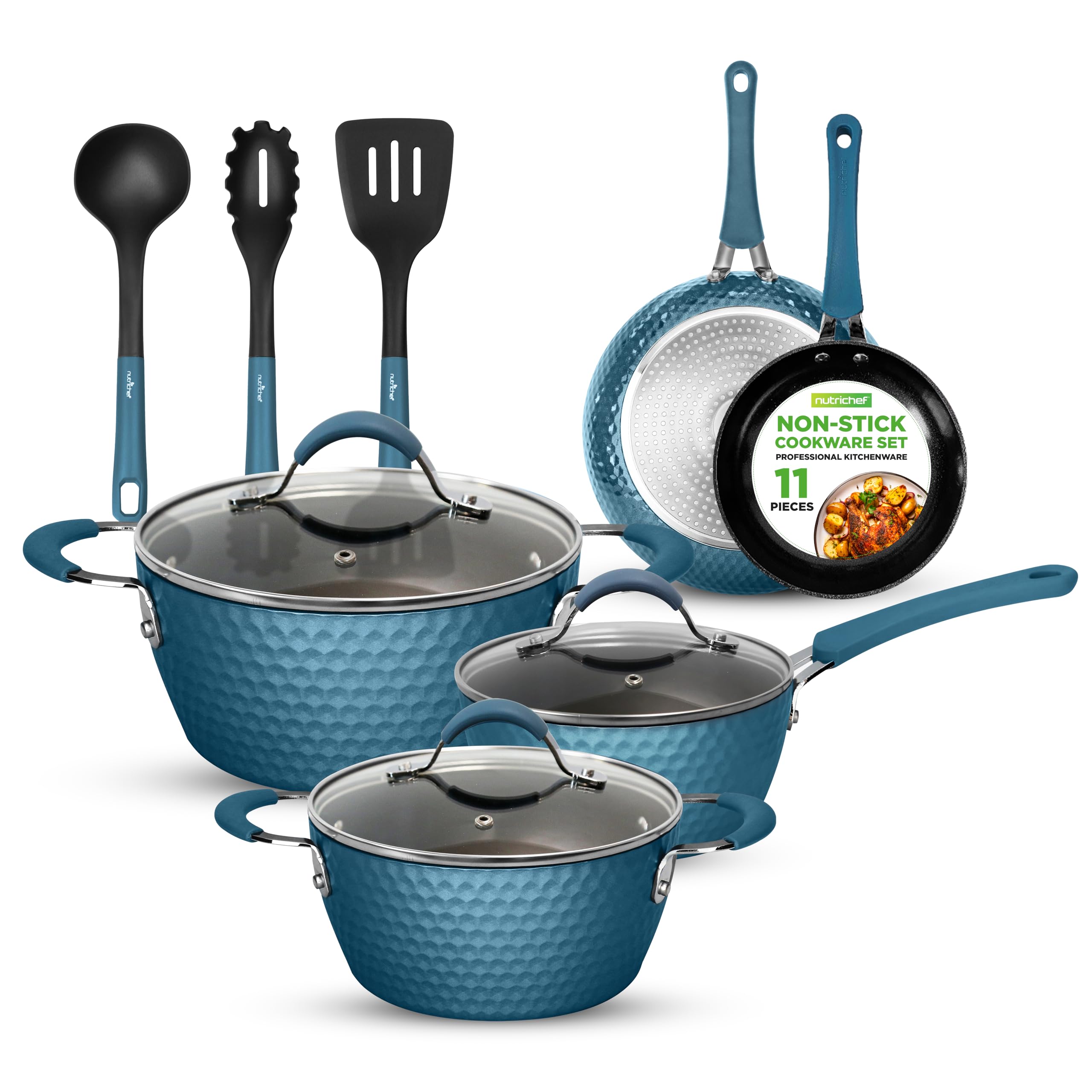 NutriChef 11-Piece Ceramic Nonstick Cookware Set - Blue Diamond Coating, Induction Compatible, Includes Saucepan, Frying Pans & Dutch Oven with Utensils, Dishwasher Safe - Perfect for Healthy Cooking, Family Meals & Professional Kitchens - NCCW11BD.7