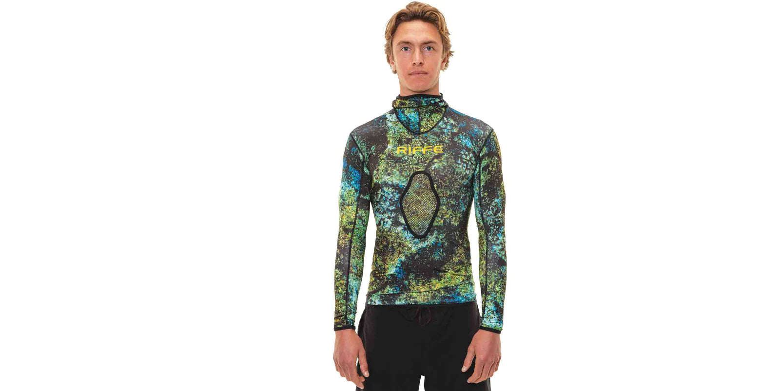 Riffe Eco Hooded Long Sleeve Rash Guard with Loading Pad - UPF 50+ Sun Protection for Surfing, Diving & Water Sports | Men's & Women's Swim Shirt