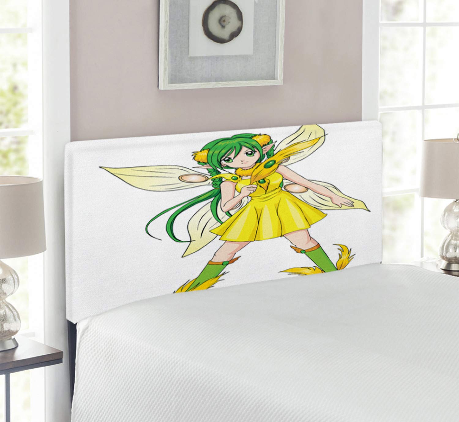 Ambesonne Anime Headboard - Japanese Manga Style Fantasy Girl in Yellow Dress - Upholstered Decorative Metal Bed Frame with Memory Foam - Twin Size in Yellow, Lime Green & Ivory - Perfect for Anime Lovers' Bedroom Decor