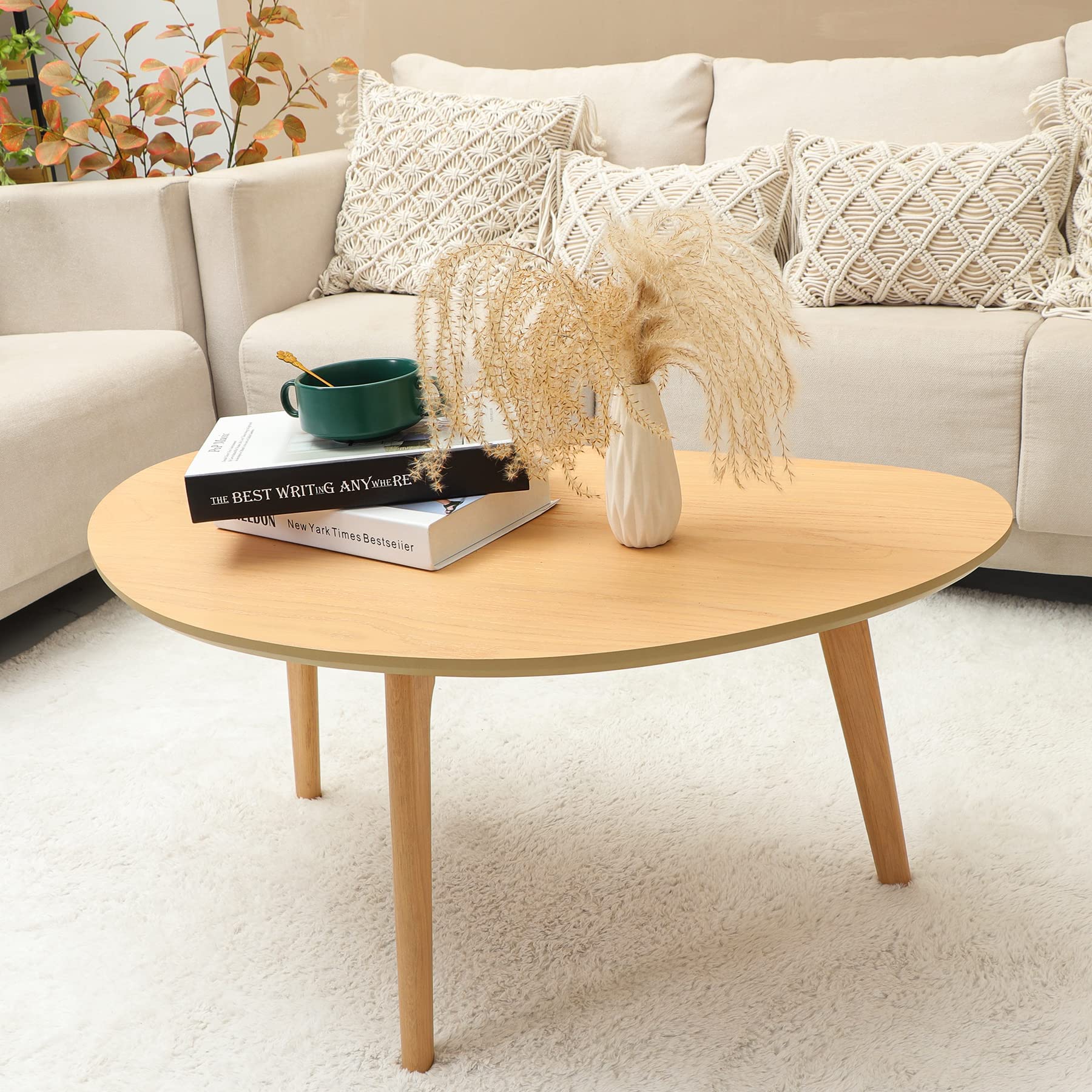 Mid Century Modern Oval Coffee Table - Minimalist Nature Wood for Living Room - 18.9