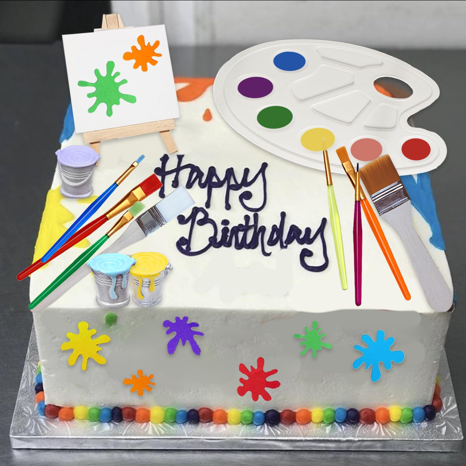 26 Pcs Art Cake Topper Set - Paint Cake Decorations with Paint Pen, Brush, Palette & Bucket for Kids Birthday, Baby Shower & Art Themed Parties - Perfect for DIY Cake Decorating and Creative Dessert Displays