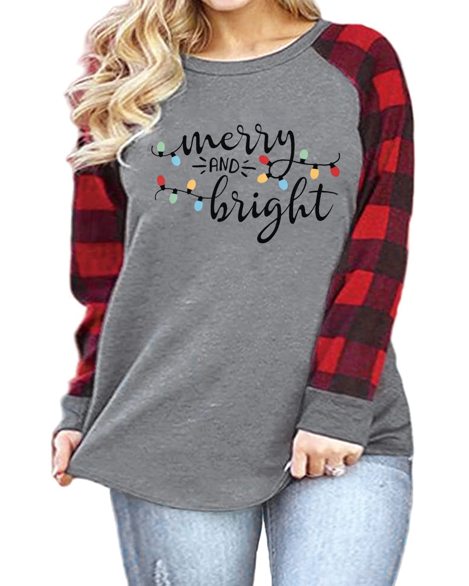 Plus Size Christmas Shirt for Women - Buffalo Plaid Long Sleeve Holiday Pullover Top | Cozy Winter Baseball Tee for Xmas Party, Family Gatherings & Festive Outfits