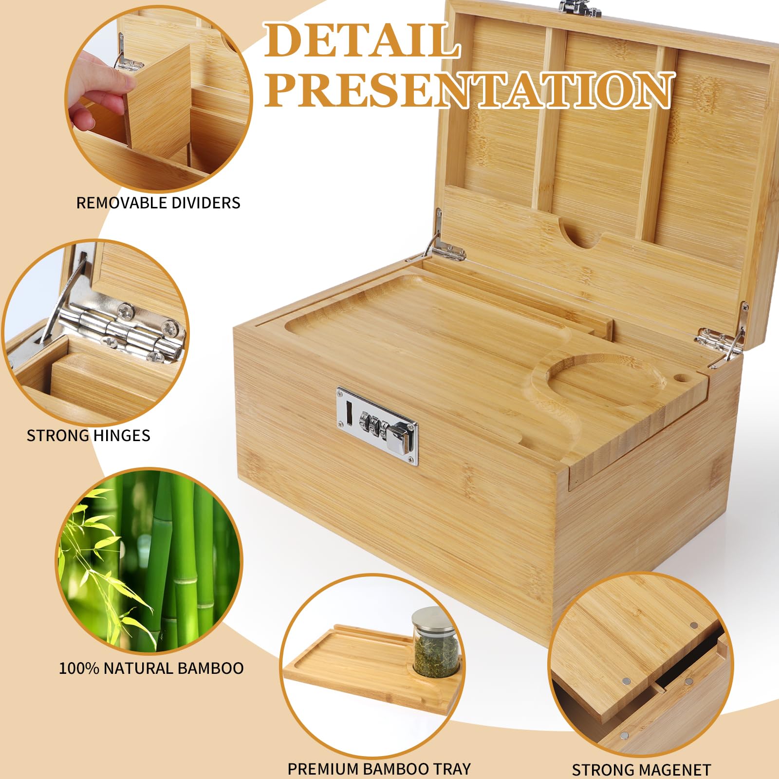 Premium Bamboo Storage Box with Combination Lock - Decorative Wooden Box Kit with Sliding Tray & 3 Glass Jars - Secure Jewelry Organizer, Keepsake Box for Home Office & Gift Giving