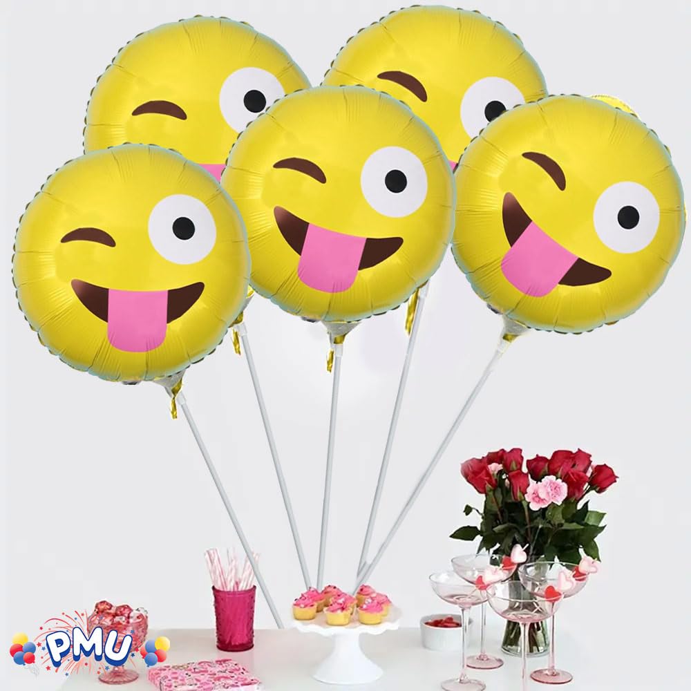 9 Inch PMU Emoji Balloons Pre-Inflated with Stick - Tongue & Winking Eye Design (6-Pack) - Perfect for Birthday Parties, Baby Showers & Celebrations