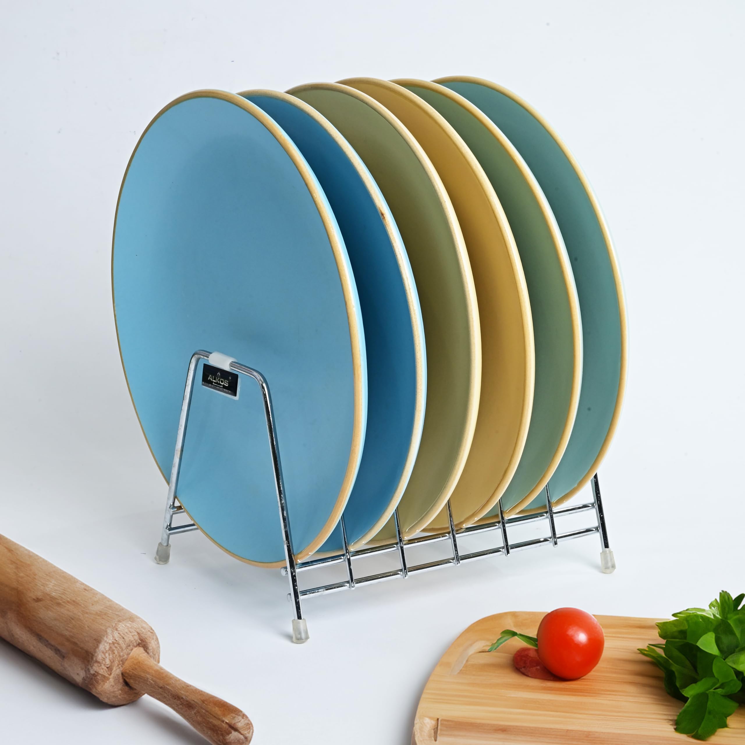 ALKOS Stainless Steel Thali Rack - 6 Section Dish Plate Holder Stand for Kitchen, Lid & Utensil Organizer, Perfect for Indian Thali, Lunch Plates & Kitchen Storage