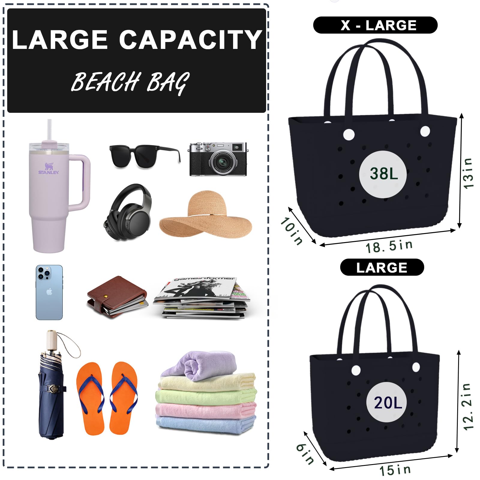 Extra Large Waterproof Beach Tote Bag with Zipper Pocket - Durable Rubber Travel Tote for Women, Gym, Sports & Outdoor Activities | Perfect for Pool, Beach Trips, Shopping & Vacation Essentials