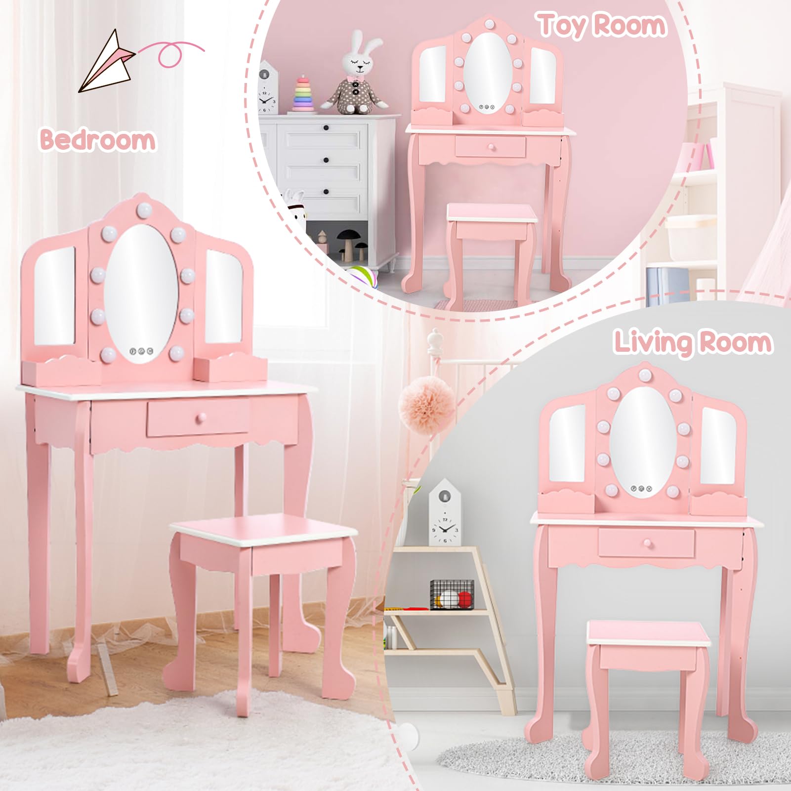 Kids Vanity Set with 3 Mirrors & Drawer - Wooden Makeup Playset with Lights for Girls Ages 4-9 | Pretend Play Dress-Up Toy | Birthday Gift for Toddlers & Preschoolers (Pink)