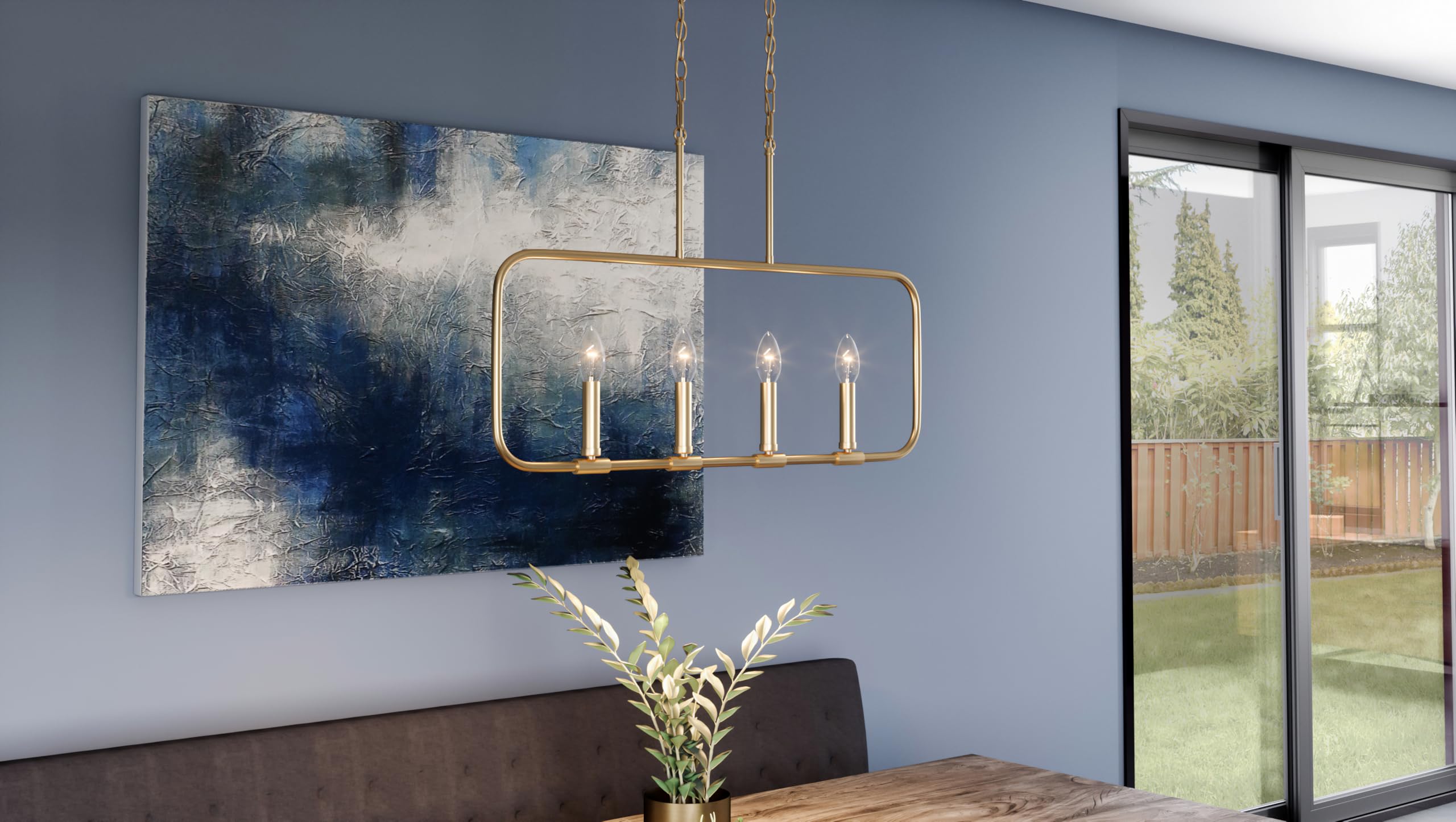 Quoizel Abner 4-Light Aged Brass Linear Chandelier - Modern Farmhouse Ceiling Light Fixture for Dining Room, Kitchen Island & Entryway Lighting