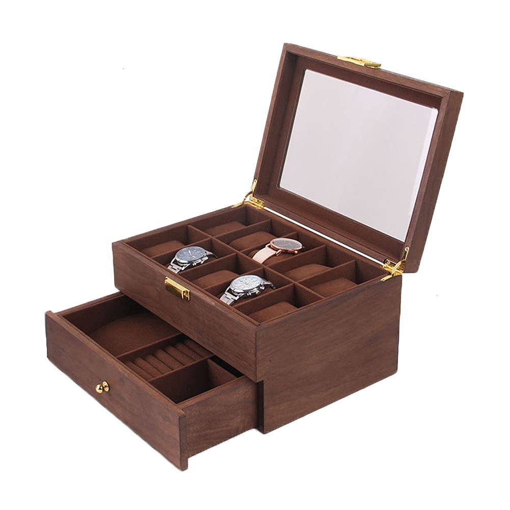 Premium Walnut Wooden Watch Display Case with Valet Drawer - 14 Slot Glass Top Jewelry & Accessory Organizer Box for Men & Women - Perfect for Watch Collections, Jewelry Storage & Luxury Gift Giving
