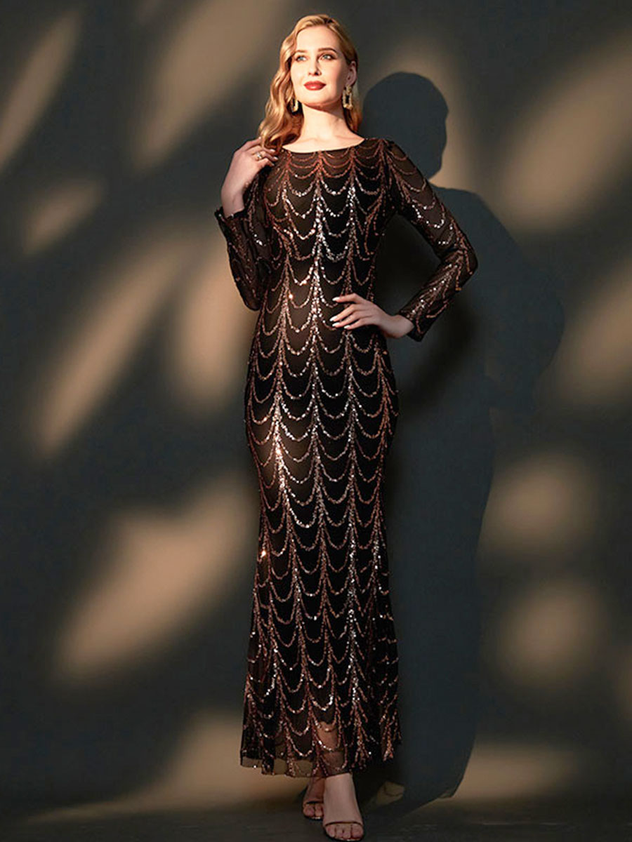 Elegant Black Sequin Long Sleeve Boat Neck Mermaid Evening Gown - Floor Length Formal Dress for Prom, Wedding, Gala & Special Occasions